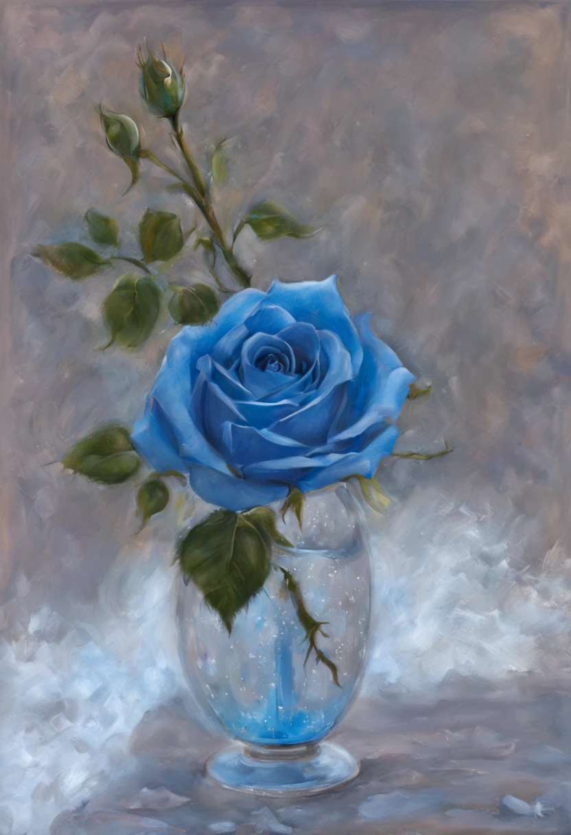 ((Pastel painting)).[Best Quality,Ultra-detailed],(dear,Exquisite:1.1),(Realistic,Photorealistic:1.37),Beautiful detailed ((( one blue rose))), Transparent, Illuminated by the moonlight, carved crystal vase,soft-lighting,Gentle shadows,bright colours,tender petals,fine details,Subtle reflections,High contrast,Shimmering Glass,sharp edges,artistic composition,studio lightning,gorgeous centerpiece,Romantic atmosphere