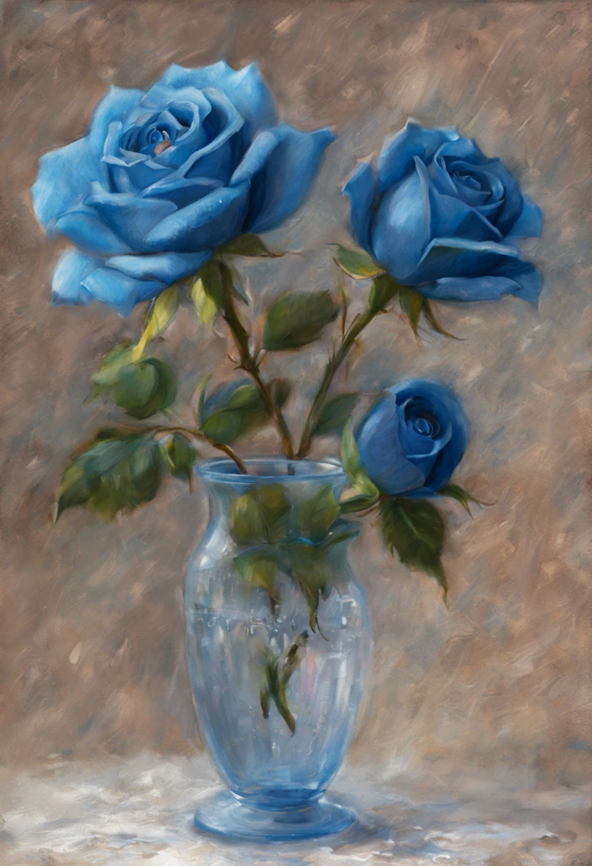 ((Pastel painting)).[Best Quality,Ultra-detailed],(dear,Exquisite:1.1),(Realistic,Photorealistic:1.37),Beautiful detailed ((( one blue rose))), Transparent, Illuminated by the moonlight, carved crystal vase,soft-lighting,Gentle shadows,bright colours,tender petals,fine details,Subtle reflections,High contrast,Shimmering Glass,sharp edges,artistic composition,studio lightning,gorgeous centerpiece,Romantic atmosphere