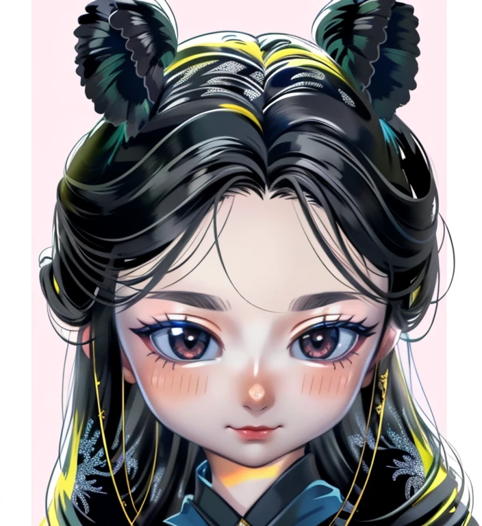Double buns hair style, (masterpiece, top quality, best quality, official art, beautiful and aesthetic:1.2), (1girl:1.3), extreme detailed,(fractal art:1.3),colorful,highest detailed, full black eyes, small nose, small mouth, closed mouth