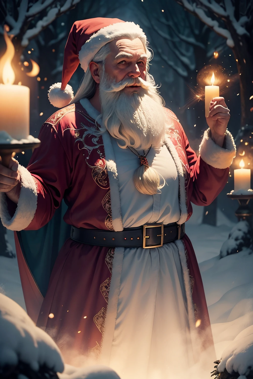 Stunning fantasy of a funny santa, looks at the camera, mystical magical fantasy enchanted ethereal, cinematic shot, cinematic scene, stunning, breathtaking, a sense of magic in the air, magical fantasy, diffused lighting