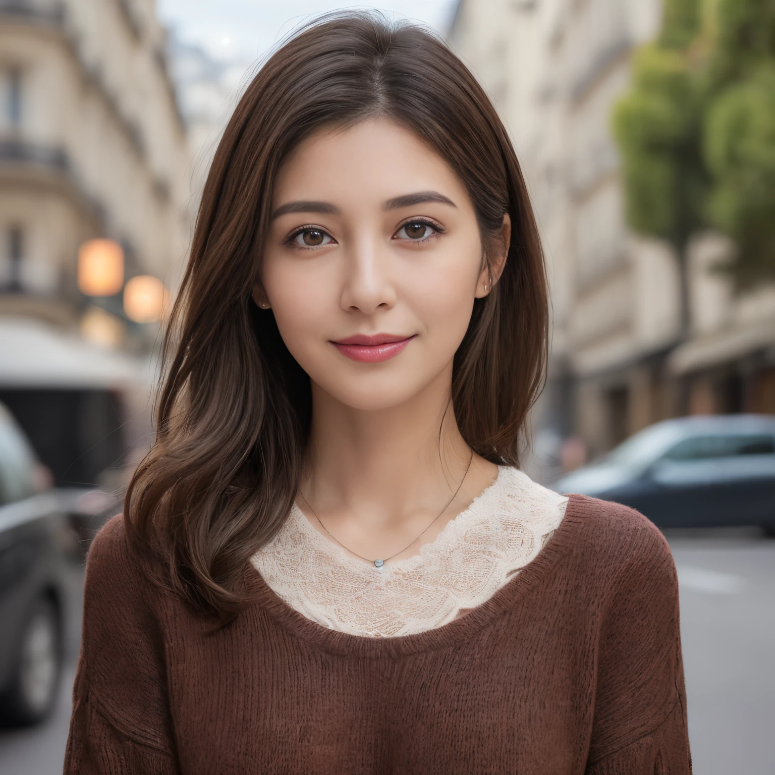 ((Downtown Paris、Realistic light、top-quality、8K、​masterpiece:1.3))、1girl in、A slight smil、Slim Beauty:1.4、dark brown  hair、Sweaters & Knitwear、Red bean-colored long skirt、Thin Silver Necklace、A detailed eye、zoomout、Beautiful Jewish woman、((facing front:1.3))、Thick lip、、((40 years:1.5))