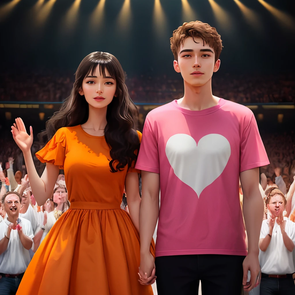 the woman is in front and next to her is the man, the man is wearing an orange dress and the woman is wearing a pink t-shirt, the man's right hand is raised and symbolizes half a heart and the woman's left hand is also raised and symbolizes half heart and it sticks