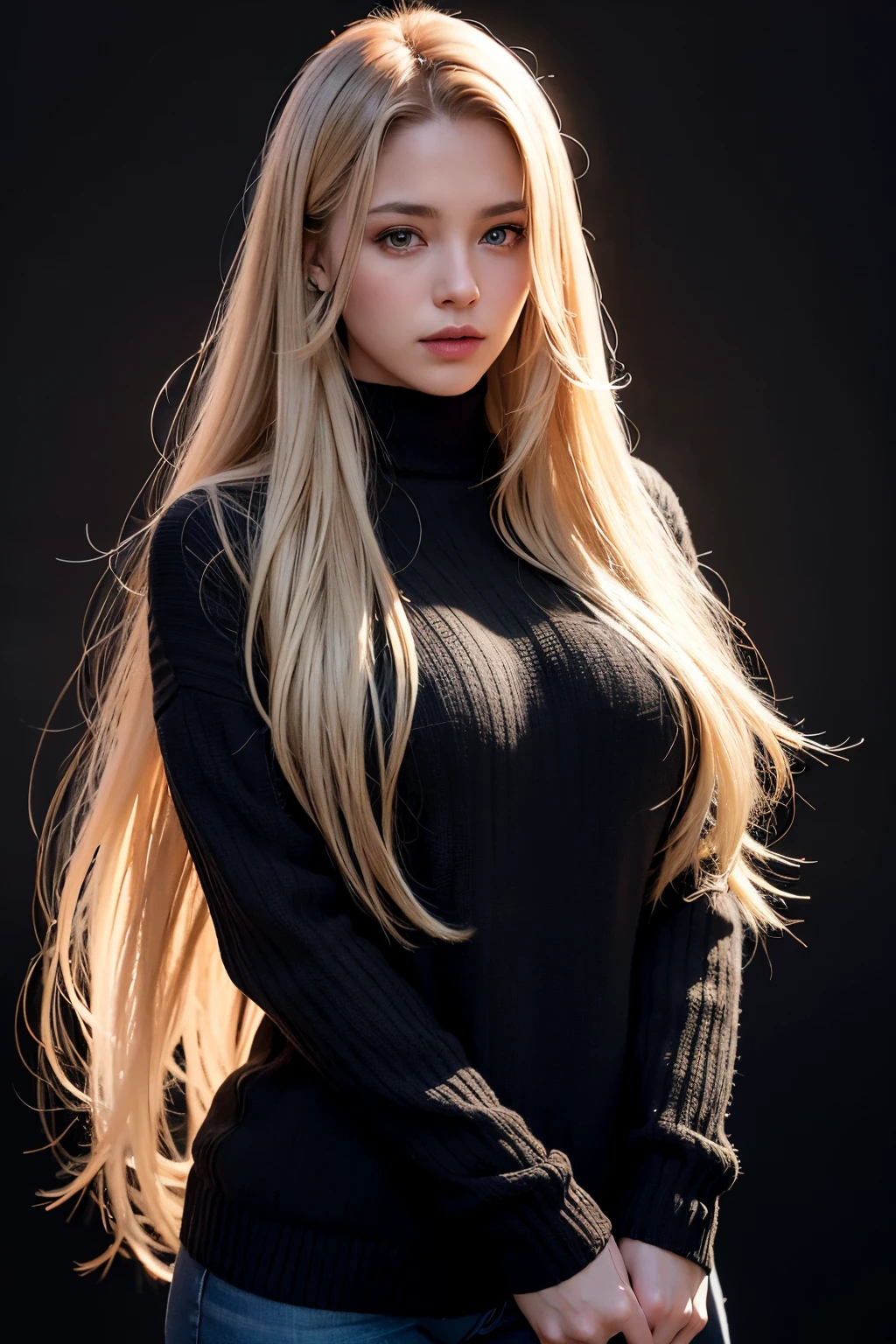 highly detailed, realistic, photorealistic, 8K, masterpiece, cinematic lighting, vibrant colors, hyper-realistic, studio quality, award-winning art, (elderly woman, fair skin, elegant woman), (long hair, white hair), (sweatshirt black, long sleeves, gold details), (large breasts, voluminous breasts), is sitting in a chair staring straight ahead.