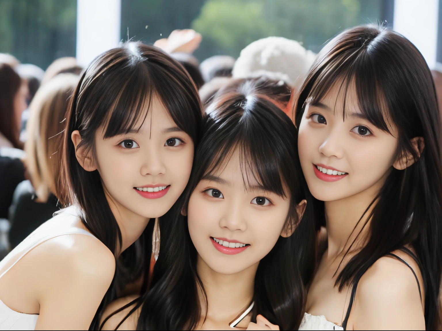 masutepiece, Best Quality, 2People Girls, (a beauty girl, kawaii:1.3), (with a 15 year old girl20Year old girl), Very fine eye definition, (Symmetrical eyes:1.3), (stage), (idol costume:1.3), Beautiful breasts, Brown eyes, 1person has brown hair、2person has black hair, (Eyes and faces with detailed:1.0),2people have random hair lengths,Smiled,Random Poses
