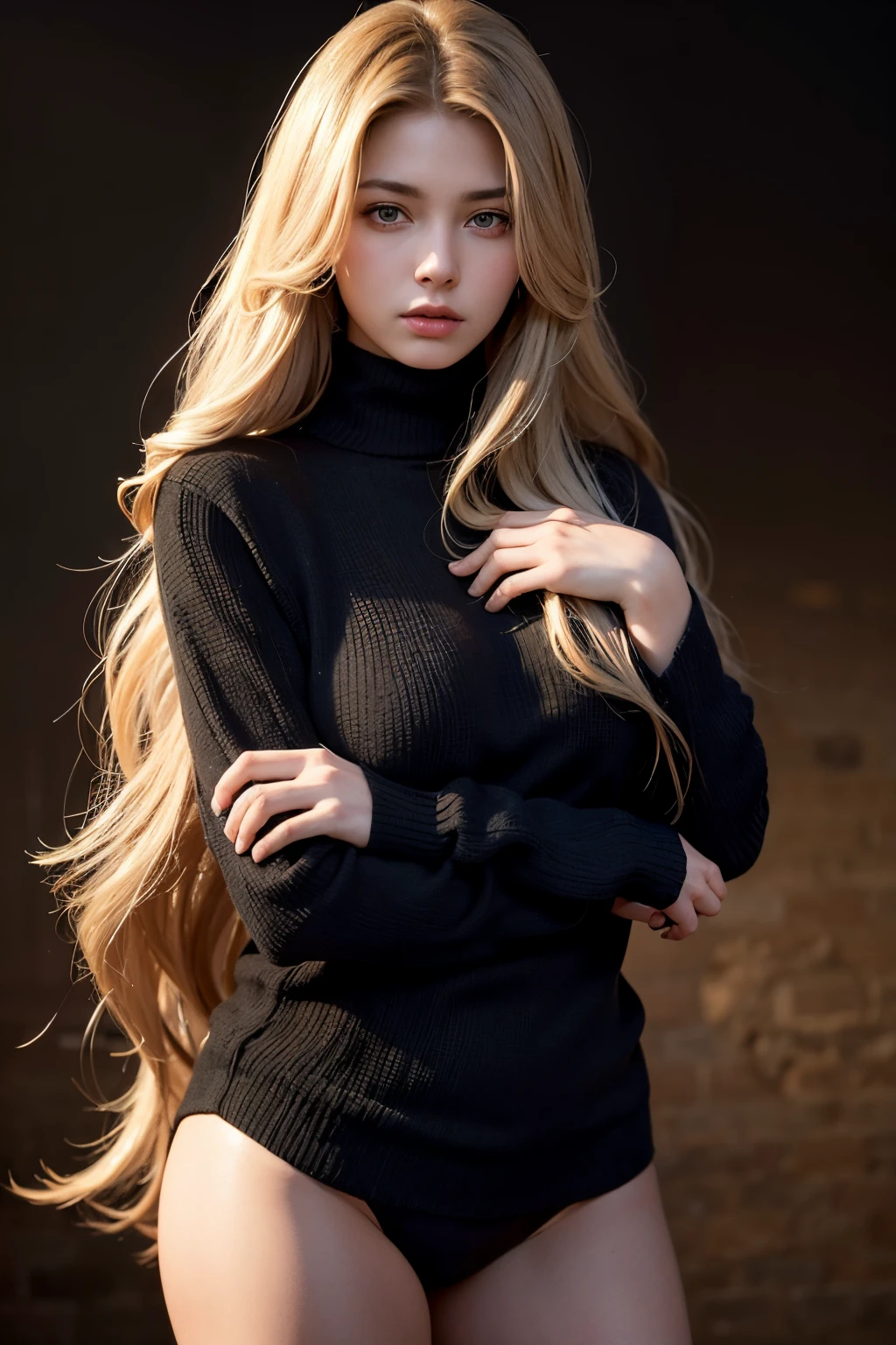 Best quality, masterpiece, ultra high res, (photorealistic:1.4), raw photo, 1girl, long hair, gold hair, detailed eyes and face, black sweater, dynamic lighting, in the dark, deep shadow, low key, cowboy shot