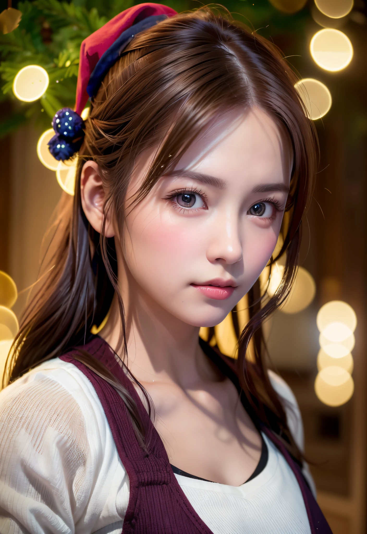 8K, of the highest quality, masutepiece:1.2), (Realistic, Photorealsitic:1.37), of the highest quality, masutepiece, Beautiful young woman, Pensive expression,、A charming、and an inviting look, cute santa clothes, Hair tied back, Cinematic background, Light skin tone