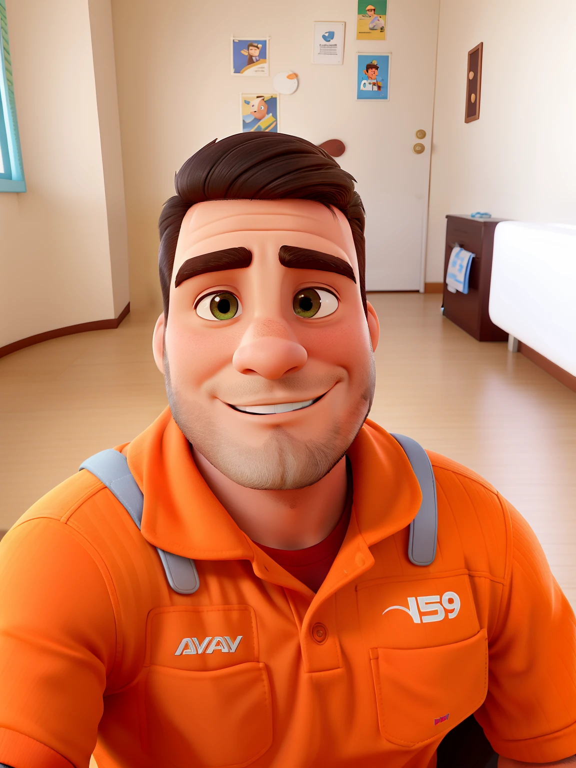 Poster no estilo Disney pixar, alta qualidade, melhor qualidade, homem pele moreno claro, nariz, maxilar e queixo finos. Boca carnuda. 32 anos, cabelo castanho, barba preta, musculatura em forma, preservando o fundo.