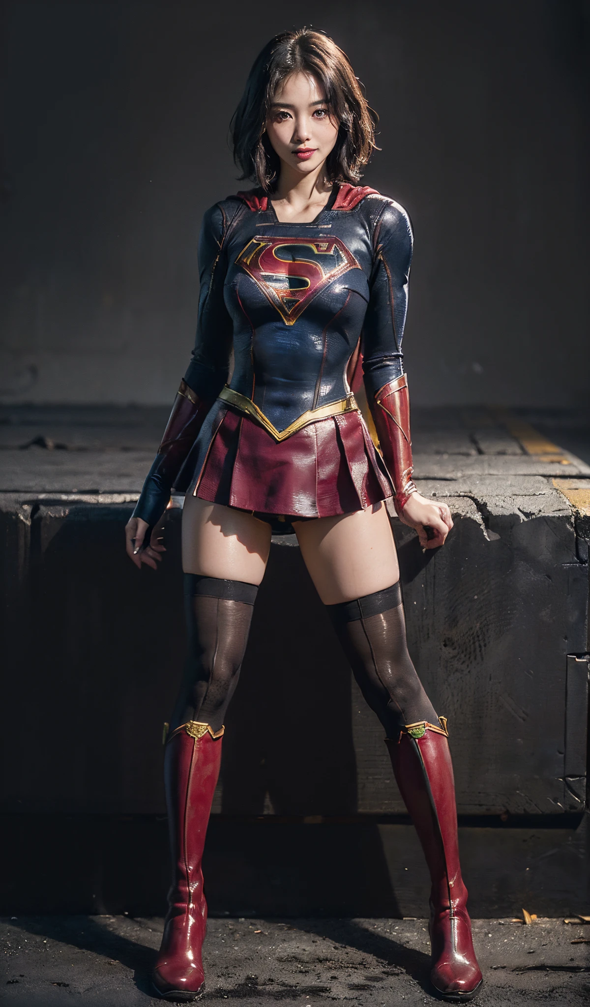 Suffering、mouth is always open sloppily、Drool is always dripping from my mouth、Asian Beautiful Girl、(((Wear black tights on your beautiful legs.)))、(((beauty legs)))、(((facial expression of smile)))、((((Make the most of the original image)))、(((Supergirl Costume)))、(((a short bob、beautiful hairl)))、(((Suffering)))、(((Feet must necessarily be worn with black tights)))、(((You need to wear red boots)))、((Top image quality、8K))、((top-quality、8K、masterpiece:1.3))、(((Keep your background simple)))、Crisp focus:1.2、Beautiful woman with perfect body shape:1.4、Slender Abs:1.2、a wet body:1.5、Highly detailed facial and skin texture、8K、beauty legs