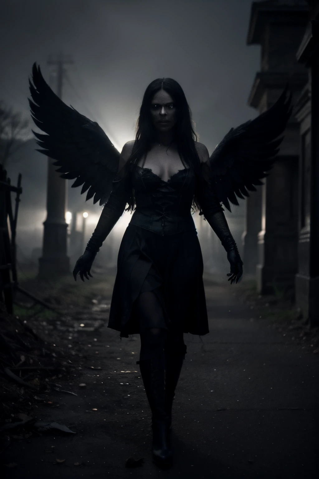 A hauntingly beautiful photograph, capturing the essence of the Angel of Death in a Gothic style, exuding darkness and sinisterness. The image should evoke a sense of eerie mystery, with meticulously crafted lighting and shadows bringing this mythical figure to life. --ar 16:9 --v 5.2
