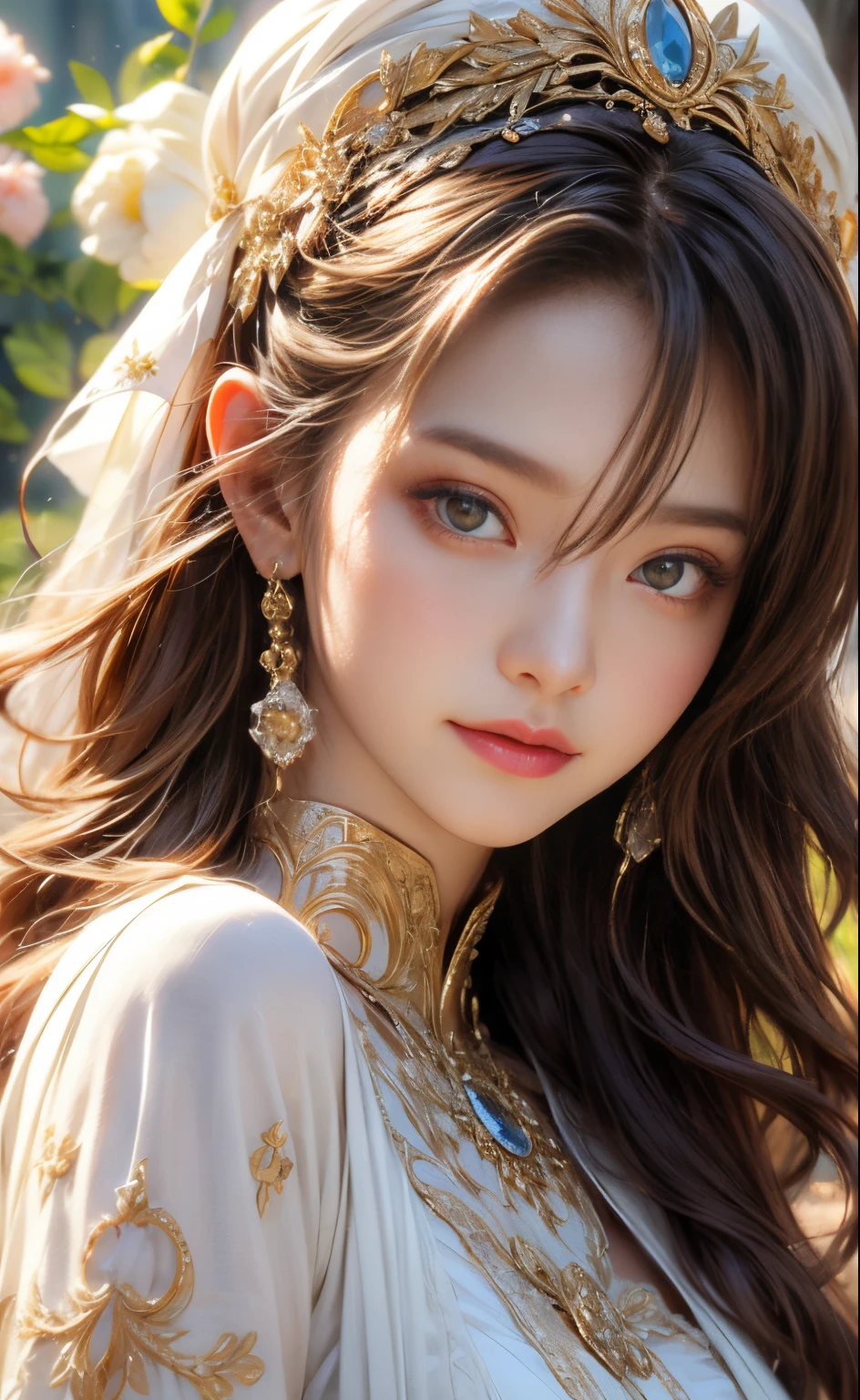 &quot;A saint with a beautiful and super cute face, Wearing extremely slim and sexy clothing, beautiful and cute face, 詳細な目, detailed nose, 詳細な唇, Long eyelashes, 详细的脸, long whitr hair, heavenly halo, flowing robe, with a calm expression, The skin is soft and shiny, Yellowish complexion, extraordinary elegance, Beautiful posture, subtle smiling, a golden halo, divinelight, Ethereal atmosphere, serene gardens, flowers in full bloom, light wind, vivd colour, perfect  detail, Realistic portraits, carefully drawn, A high resolution, professional master piece, photorealistic  art, portraitures, Delicate brushstrokes, Charming composition, Rich texture, EtherealBeauty, captivatinggaze, mesmerizing presence, Enchanting aura, quiet and sacred, Graceful, Charming and elegant, ethereal and otherworldly.”