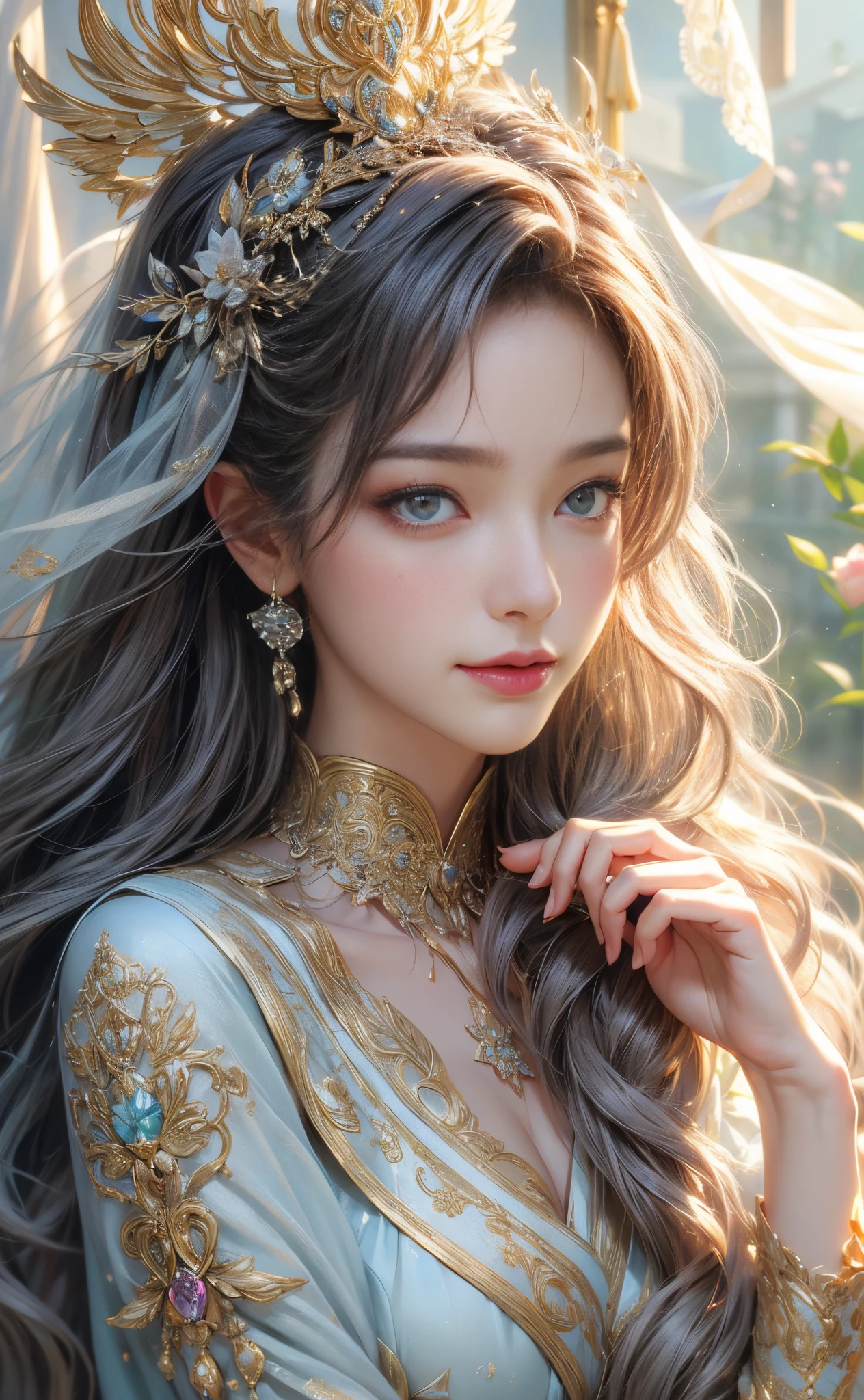 &cite;A goddess with a beautiful and super cute face, Wearing extremely slim and sexy clothes, beautiful and cute face, 詳細な目, detailed nose, detailed lips, Long eyelashes, Detailed faces, Long gray hair, halo in heaven, floating robes, with a calm expression, The skin is soft and shiny, Yellowish skin tone, extraordinary elegance, beautiful postures, subtle smiling, a golden halo, divinelight, Ethereal atmosphere, serene gardens, flowers blooming, light wind, vibrant with colors, perfect detail, Realistic portraits, carefully drawn, A high resolution, Professional master works, photorealistic art, portraitures, Delicate brushstrokes, Charming composition, Rich texture, EtherealBeauty, captivatinggaze, mesmerizing presence, Enchanting aura, quiet and sacred, gracefulness, Charming and elegant, ethereal and otherworldly.”