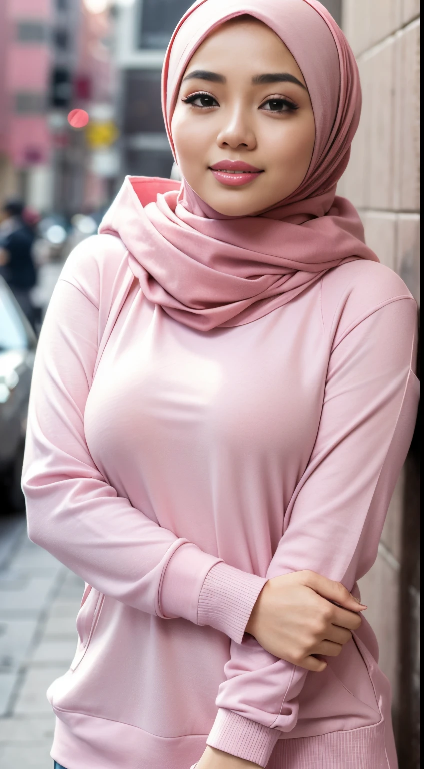 RAW, Best quality, high resolution, masterpiece: 1.3), beautiful Malay woman on hijab (iu:0.8),((big breast)), perfect nose,perfect lips, perfect eyes, detail :1.2),wearing a pink outfit and a pink scarf, feminine in cute pastel shades, intriguing outfit, wearing tight simple clothes, feminine in pastel shades, pastel pink skin tone, wearing casual clothes, wearing casual clothing, casual clothing style, wearing elegant casual clothes, pink clothes, white and light-pink outfit, wearing a pastel pink hoodie, very nice pastel colors