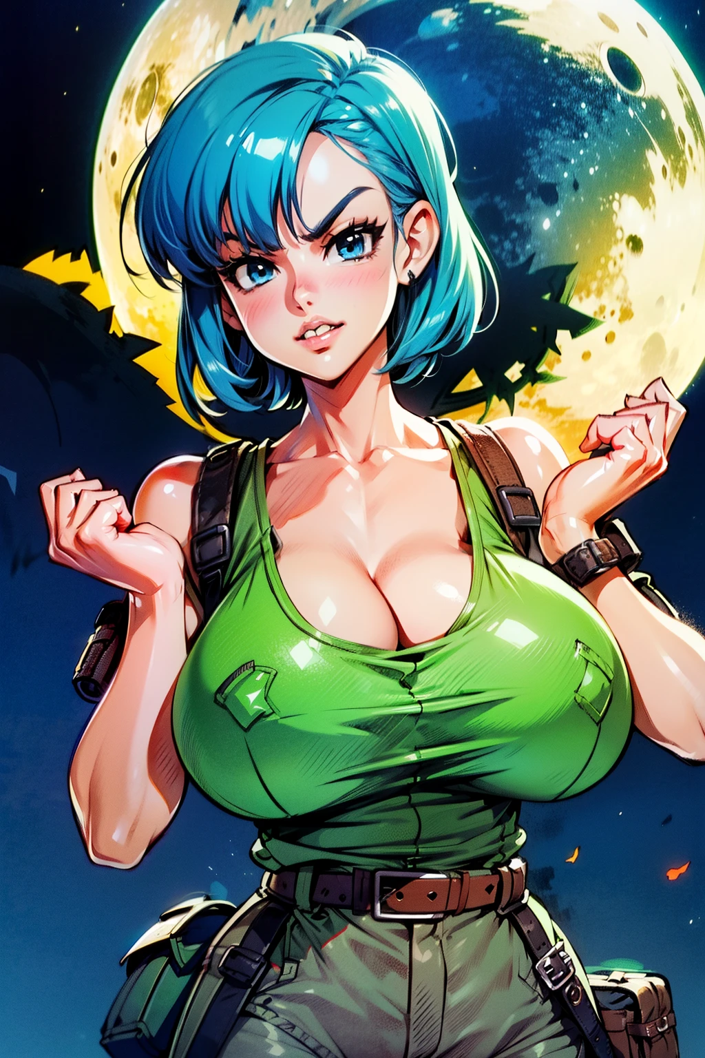 Waifu, masterpiece, curvy, breasts, moon, full moon, gloves, 1girl, clenched teeth, bulma, cleavage, large breasts, teeth, aqua hair, ((white tank top:1.2)), blue eyes, rating:explicit,rule34, hardcore, tits,clenched hands, night, sky, ((brown cargo pants:1.4)), bare shoulders, blue hair, clenched hand, rating:questionable, short hair, belt, solo, angry, lip biting(gigantic and massive tits:1.1), breasts, official illustration, illustration, detailed face, beautiful intricate eyes, curvy milf, 1:2), closeup, titsnipples
