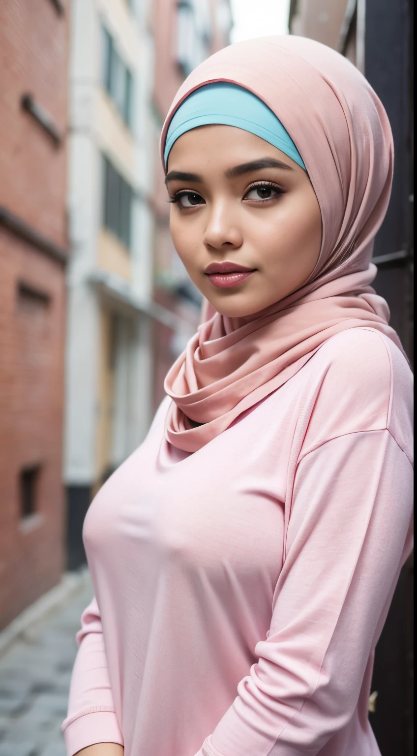 RAW, Best quality, high resolution, masterpiece: 1.3), beautiful Malay woman on hijab (iu:0.8),((big breast)), perfect nose,perfect lips, perfect eyes, detail :1.2),wearing a pink outfit and a pink scarf, feminine in cute pastel shades, intriguing outfit, wearing tight simple clothes, feminine in pastel shades, pastel pink skin tone, wearing casual clothes, wearing casual clothing, casual clothing style, wearing elegant casual clothes, pink clothes, white and light-pink outfit, wearing a pastel pink hoodie, very nice pastel colors