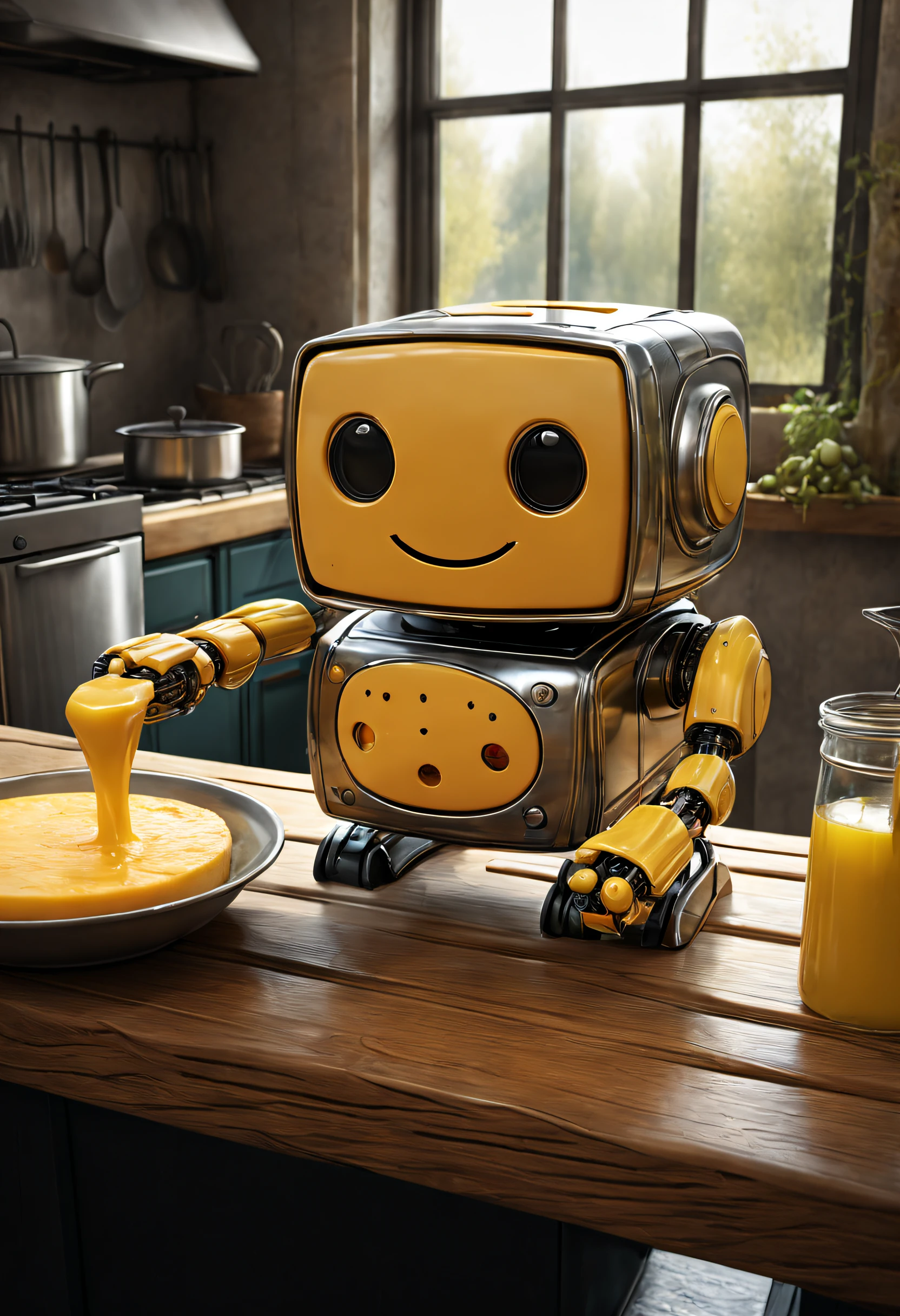 Cute cube robot cheese oven in the kitchen, Crispy bread smile，There is a small spout in the center of the bottom of the body，Yellow oil flows out, The swamp waters are very detailed., 16k, Fantasyart, Octagon rendering, photo-realism, --ar 1:2 --c 20 --s 1000 --q 5