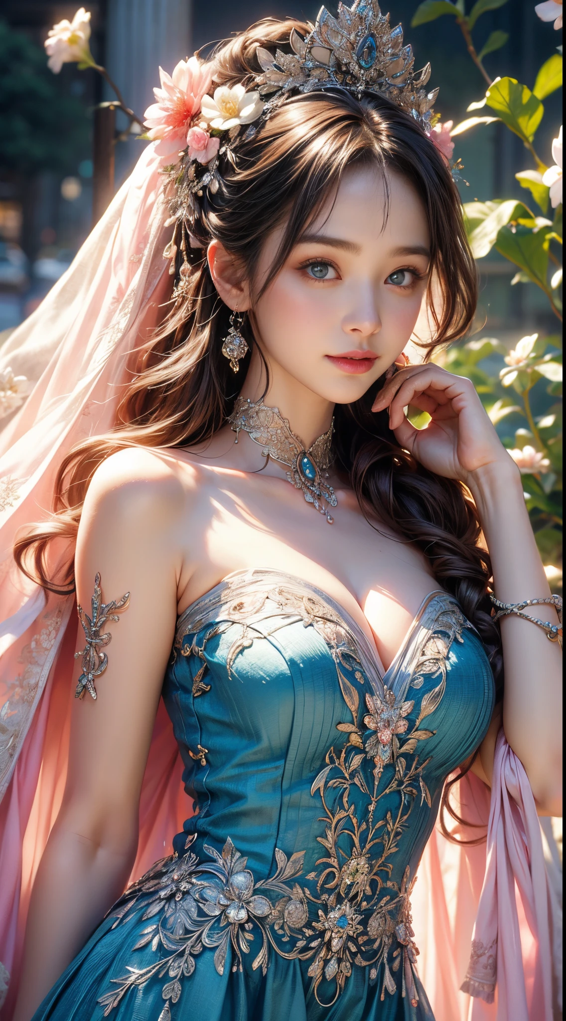(Best quality,4K,8K,A high resolution,tmasterpiece:1.2),ultra - detailed,(actual,realistically,realisticlying:1.37),Girl in a luxurious blue dress,The eyes shone with joy, Her lips curved slightly,show a calm smile. The sun casts a warm golden light on her face, Enhance her beauty. Flower colors range from vibrant pinks and purples to soft pastel shades, Create harmonious and visually pleasing compositions. The lighting is soft and diffused, Create a dreamy and ethereal atmosphere. Girl standing in the middle of the field, raise your arms slightly, As if she is embracing the beauty of nature. The composition is carefully balanced, girl's position is off center, Create a sense of movement and vitality. The details of the flowers are extremely intricate, Each petal and leaf is meticulously rendered. That girl'The skirt elegantly surrounds her, Add elegance and femininity to the scene. All inclusive, The artwork evokes a feeling of joy, clam down, and appreciation of the beauty of nature.........