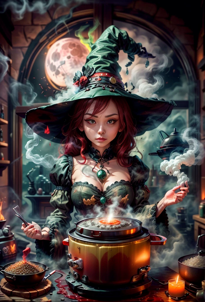 Weird and seductive witch in her alchemist&#39;s room, Perform alchemical magic with a steaming rice cooker filled with green glowing smoke, Eerie night background with full moon and window view, Dressed in traditional witch costume，((The strange and sinister rice cooker is filled with red liquid))，(UHD, masterpiece, ccurate, anatomically correct, textured skin, super detail, high details, high quality, award winning, best quality, 16k)