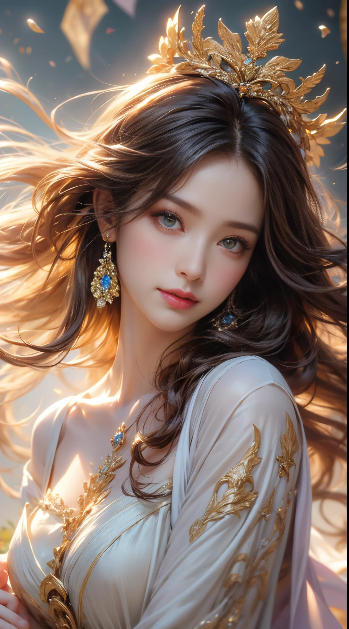 &cite;A goddess with a pretty and super cute face, messy  hair，Wearing extremely slim and sexy clothes, beautiful and cute face, 詳細な目, detailed nose, detailed lips, Long eyelashes, Detailed faces, Long gray hair, halo in heaven, floating robe, with a calm expression, The skin is soft and shiny, Yellowish skin tone, extraordinary elegance, beautiful postures, subtle smiling, a golden halo, divinelight, Ethereal atmosphere, serene gardens, flowers blooming, light wind, vivd colour, perfect  detail, Realistic portraits, carefully drawn, A high resolution, Professional master works, photorealistic  art, portraitures, Delicate brushstrokes, Charming composition, Rich texture, EtherealBeauty, captivatinggaze, mesmerizing presence, Enchanting aura, quiet and sacred, gracefulness, Charming and elegant, ethereal and otherworldly.”