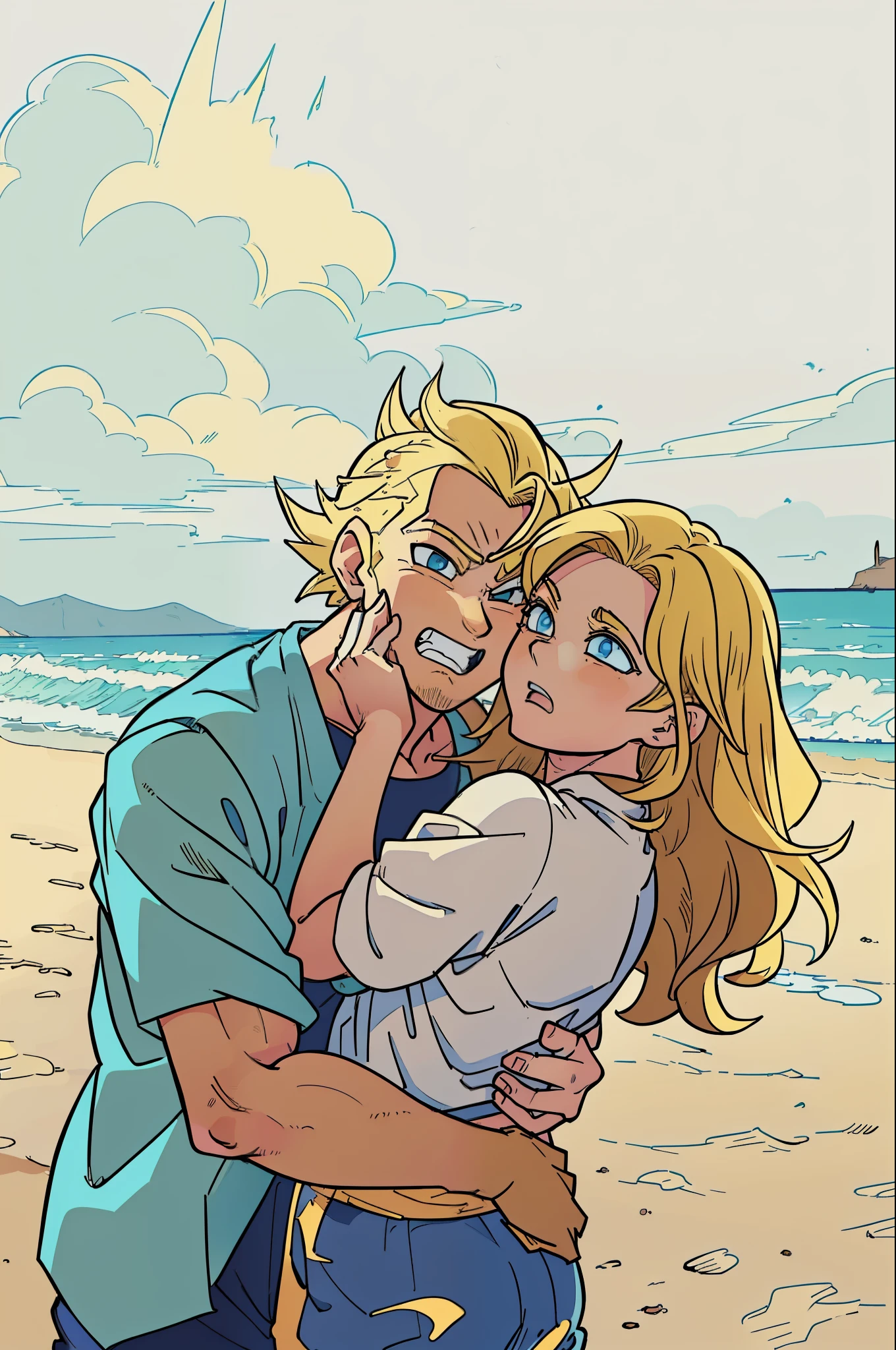 a man and woman hugging on the beach with the ocean in the background,HD, ((super saiyan)),(drawing, manga, ((masterpiece)) 4k, ((manga-style)) drawing style, character concept, super saiyan shape, ((blonde hair:1.3)), blue eyes, Son Goku, (spiked up hair),