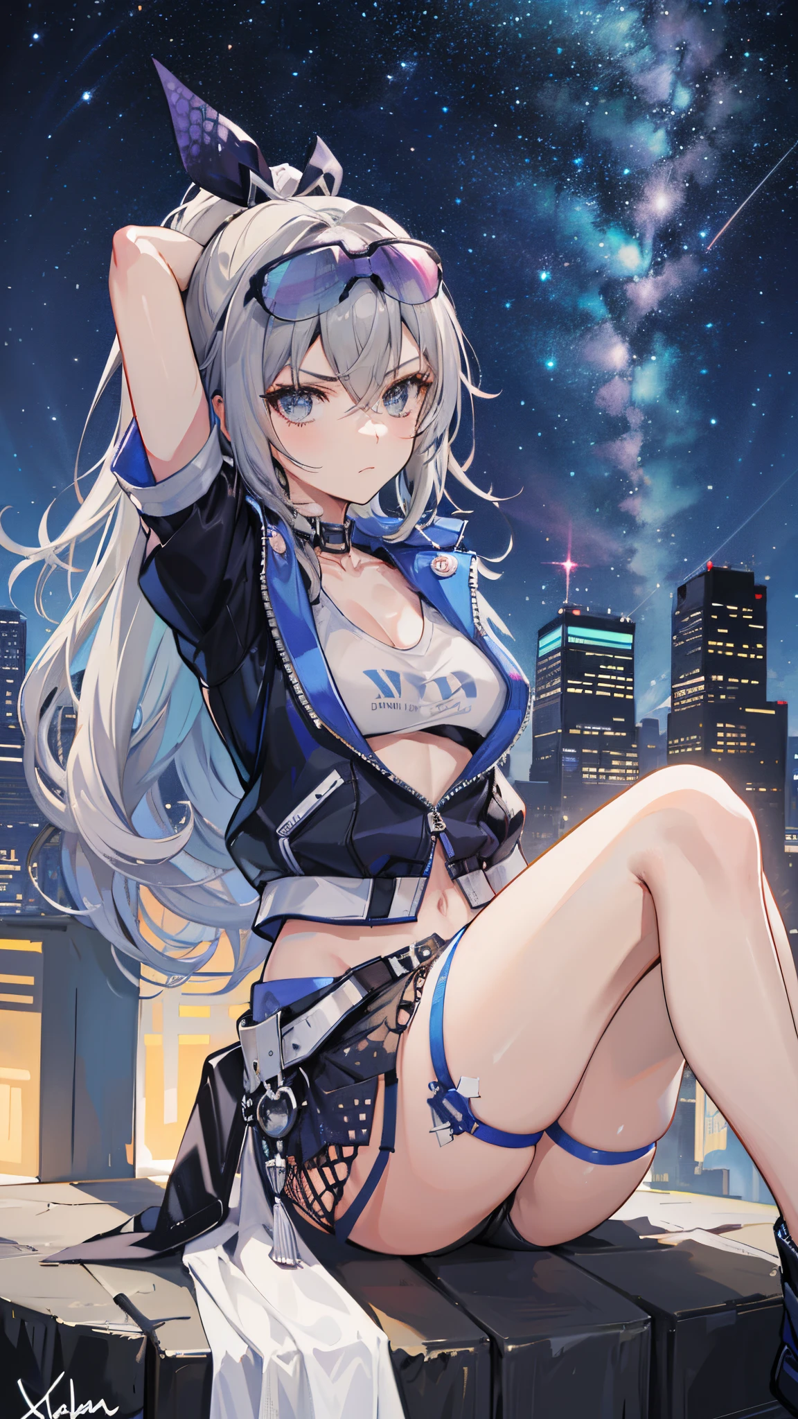 octans, sky, star (sky), scenery, starry sky, night, 1girl, night sky, solo, outdoors, signature, building, cloud, milky way, sitting, tree, long hair, city, silhouette, cityscape, arms up, hand behind head, medium breast, angry face, ultra detail, best quality, ultra realistic, highres, photography, sharp focus, highest detailed, extreme detailed, ultra detailed, finely detail, extremely detailed eyes and face