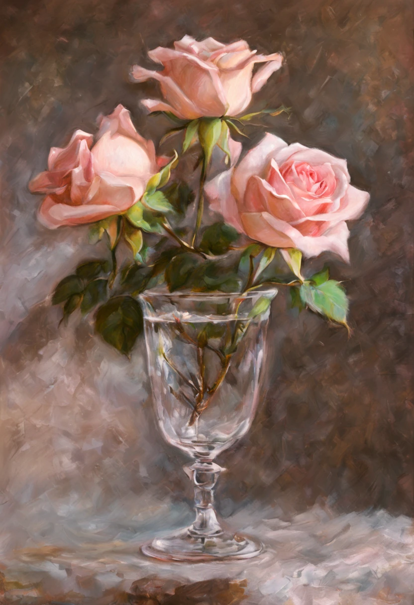 ((Pastel painting)).[Best Quality,Ultra-detailed],(dear,Exquisite:1.1),(Realistic,Photorealistic:1.37),Beautiful detailed ((( one light pink rose))), Transparent, illuminated by moonlight, carved crystal vase,soft-lighting,Gentle shadows,bright colours,tender petals,fine details,Subtle reflections,High contrast,Shimmering Glass,sharp edges,artistic composition,studio lightning,gorgeous centerpiece,Romantic atmosphere