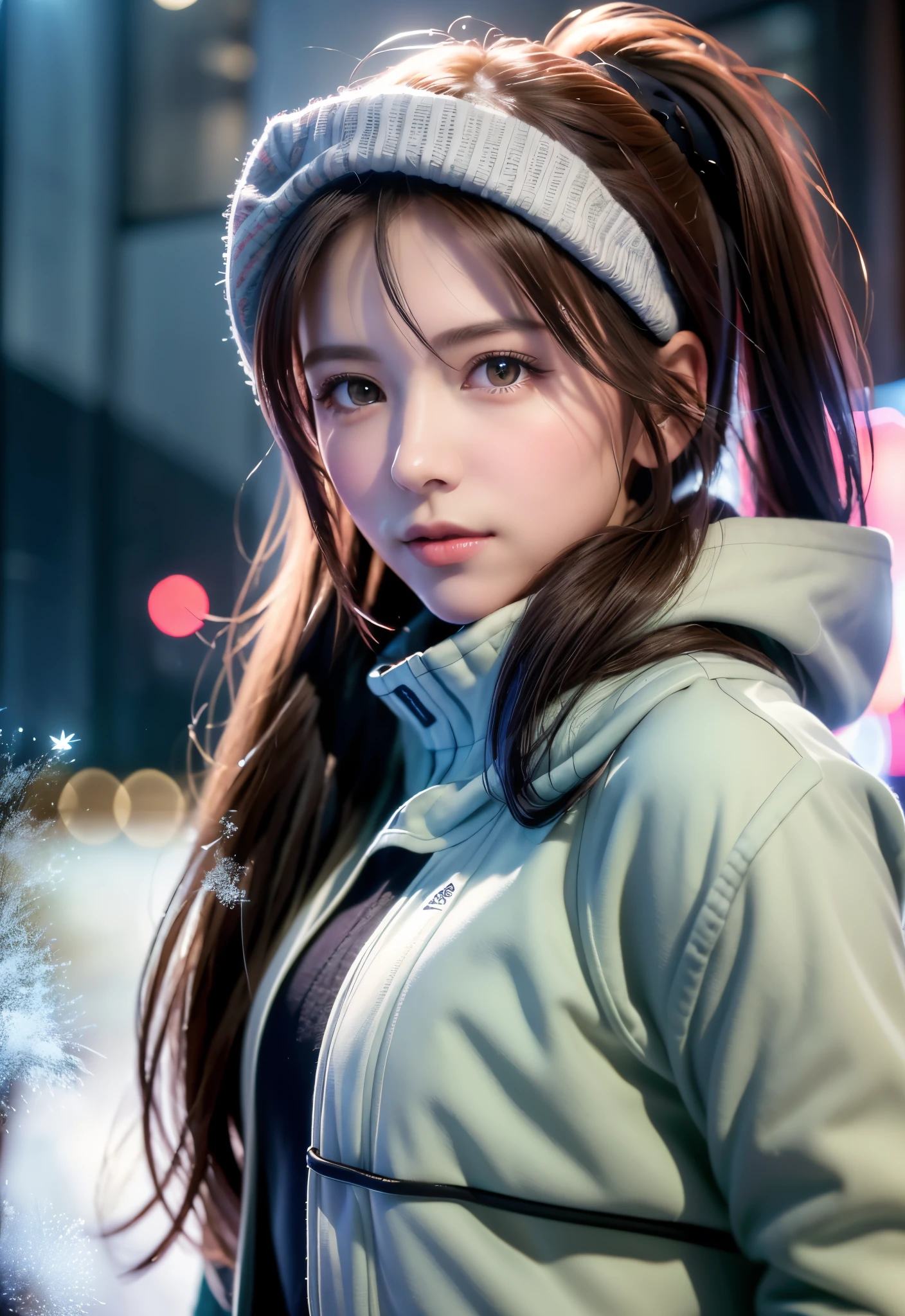 8K, of the highest quality, masutepiece:1.2), (Realistic, Photorealsitic:1.37), of the highest quality, masutepiece, Beautiful young woman, Pensive expression,、A charming、and an inviting look, skiing、snowboarder、Ski Wear, Hair tied back, Cinematic background, Light skin tone、Ski Resort Background