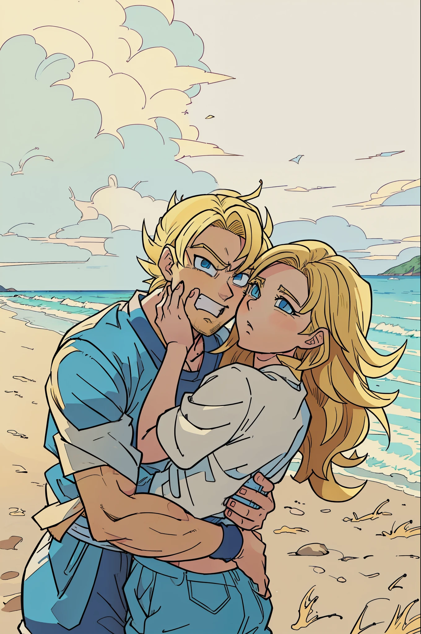 a man and woman hugging on the beach with the ocean in the background,HD, ((super saiyan)),(drawing, manga, ((masterpiece)) 4k, ((manga-style)) drawing style, character concept, super saiyan shape, ((blonde hair:1.3)), blue eyes, Son Goku, (spiked up hair),