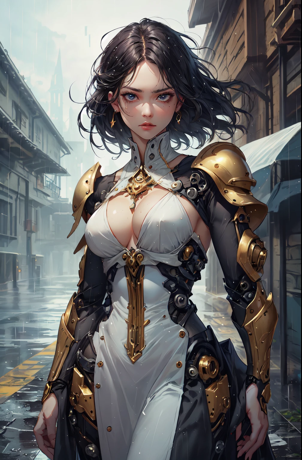 ((masterpiece)),(best quality), ((aristocrats 1girl android)), realmech, ((cinematic)), ambient occlusion, Nvidia ray tracing, dynamic:1.2, (absolutely eye-catching), (mechanical parts:1.3), rain:1.3, dynamic pose:1.3, makeup, (medieval:1.7), (elegant medieval dress), beautiful eyes, shadows, (rain:1.2), (dynamic shot:1.2), dark, high contrast, beautiful face, wind:1.1, particles:1.2, thriller:1.3, night:1.2, (stern look:1.4)