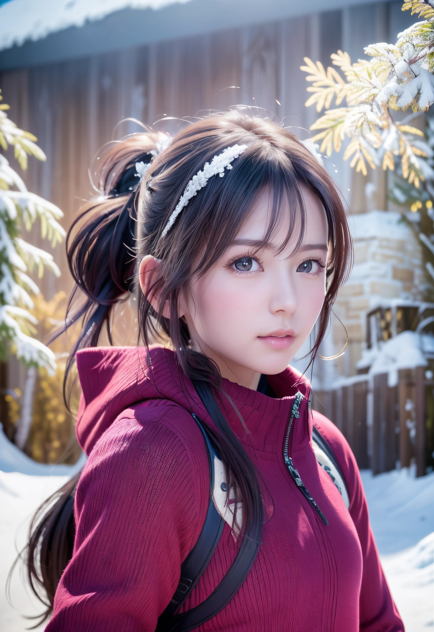 8K, of the highest quality, masutepiece:1.2), (Realistic, Photorealsitic:1.37), of the highest quality, masutepiece, Beautiful young woman, Pensive expression,、A charming、and an inviting look, skiing、snowboarder、Ski Wear, Hair tied back, Cinematic background, Light skin tone、Ski Resort Background