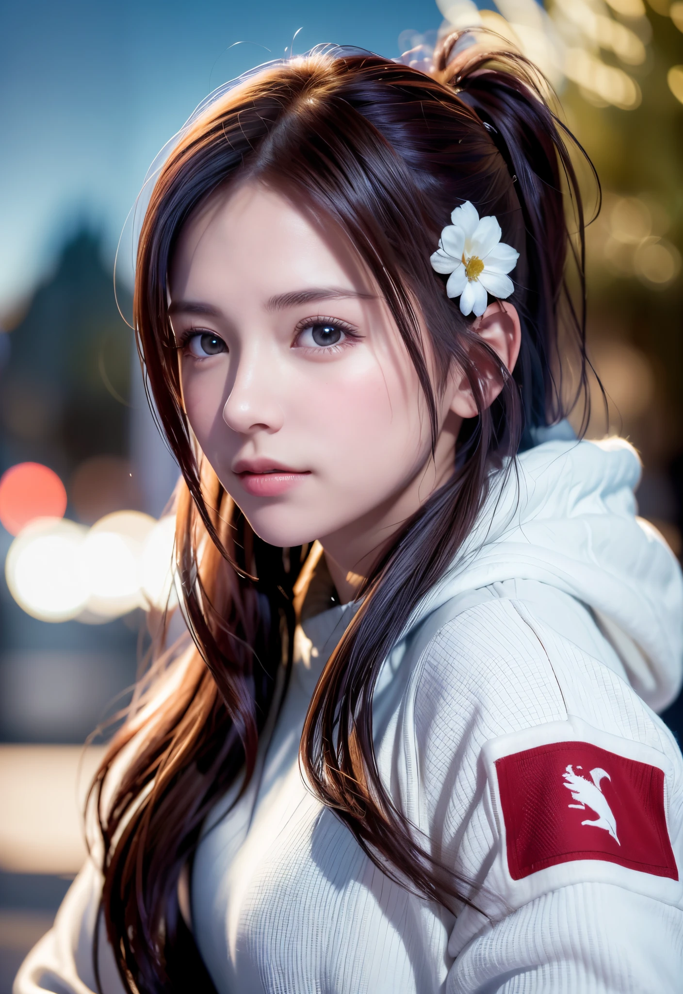 8K, of the highest quality, masutepiece:1.2), (Realistic, Photorealsitic:1.37), of the highest quality, masutepiece, Beautiful young woman, Pensive expression,、A charming、and an inviting look, skiing、snowboarder、Ski Wear, Hair tied back, Cinematic background, Light skin tone、Ski Resort Background