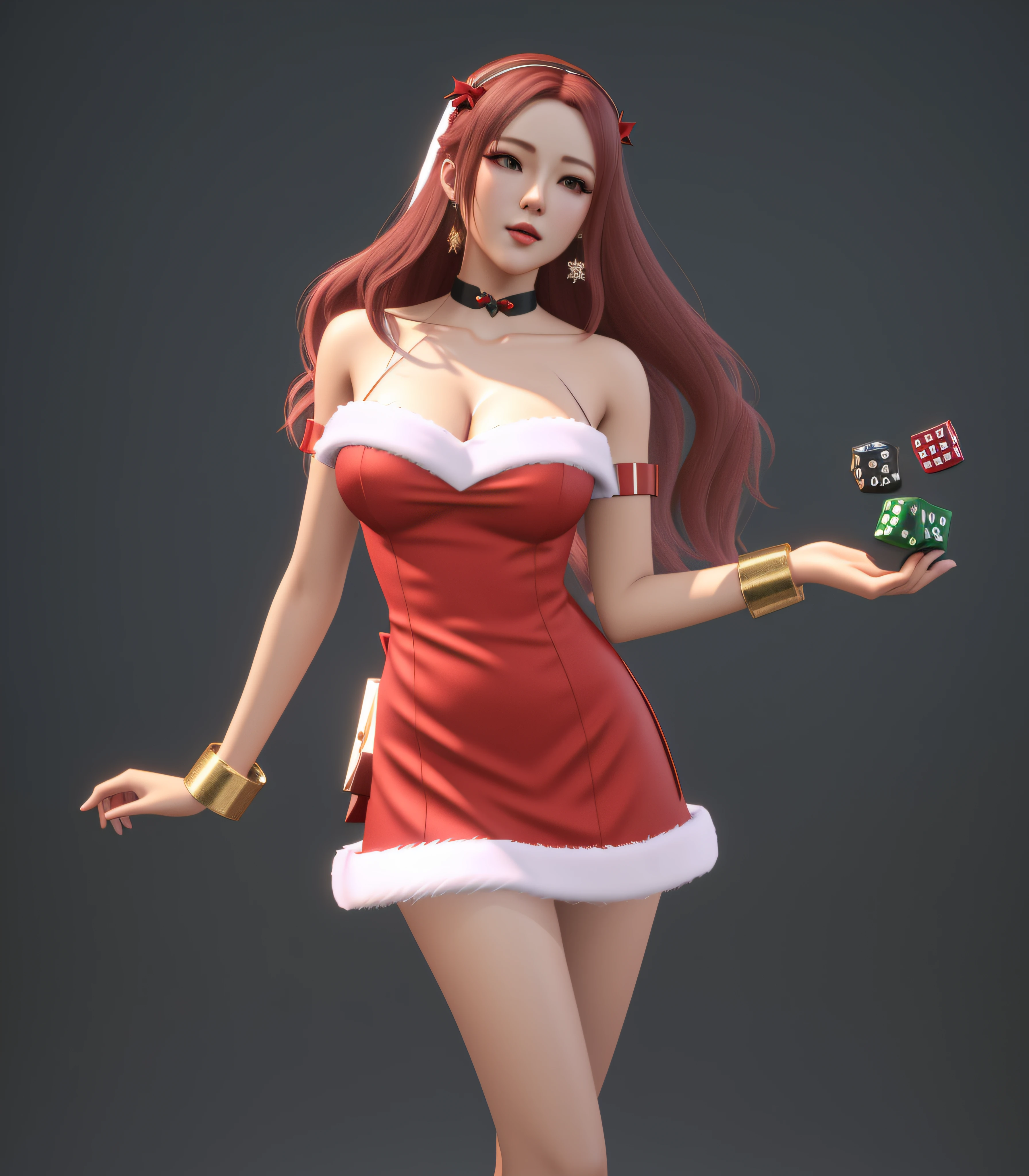 There is a woman in Christmas costume holding dice, render of april, ，High-grade fabrics，ingame image, most models | Art germ, girl, author：Fan Qi, 3d rendered figure art 8k, Keda, Popular topics on cgstation, deviantart art station cgscosiety, 2 d CG, Art germ ; 3d unreal engine