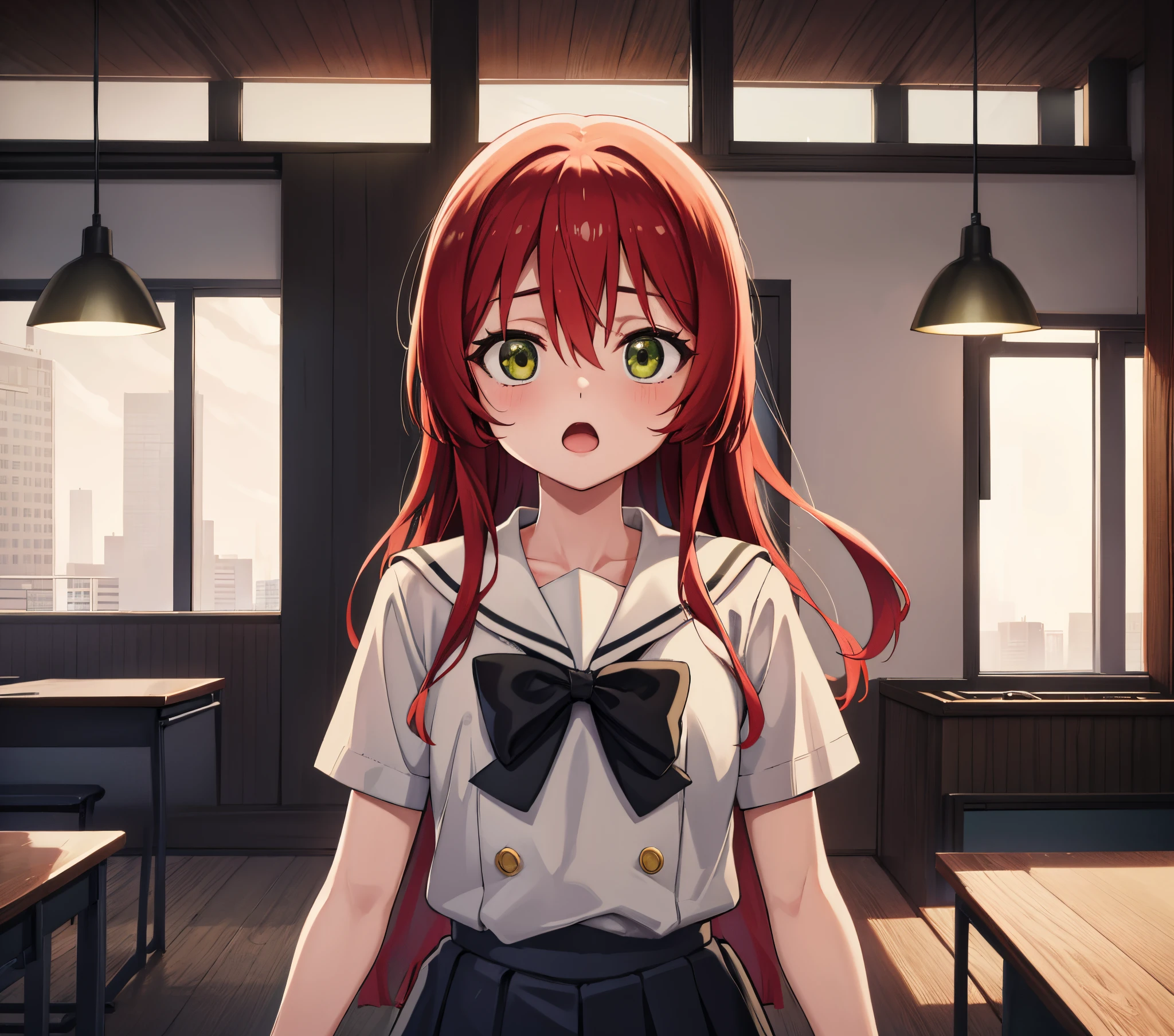 kitaikuyo, ikuyo kita, (green eyes:1.5), hair between eyes, long hair, one side up, red hair, (flat chest:1.2),
BREAK black footwear, black skirt, grey sailor collar, pleated skirt, sailor collar, school uniform, shoes, short sleeves, shuka high school uniform, skirt,,
BREAK looking at viewer,
BREAK indoors, classroom,
BREAK (masterpiece:1.2), best quality, high resolution, unity 8k wallpaper, (illustration:0.8), (beautiful detailed eyes:1.6), extremely detailed face, perfect lighting, extremely detailed CG, (perfect hands, perfect anatomy),up chest.big breasts.Sad face.open mouth.