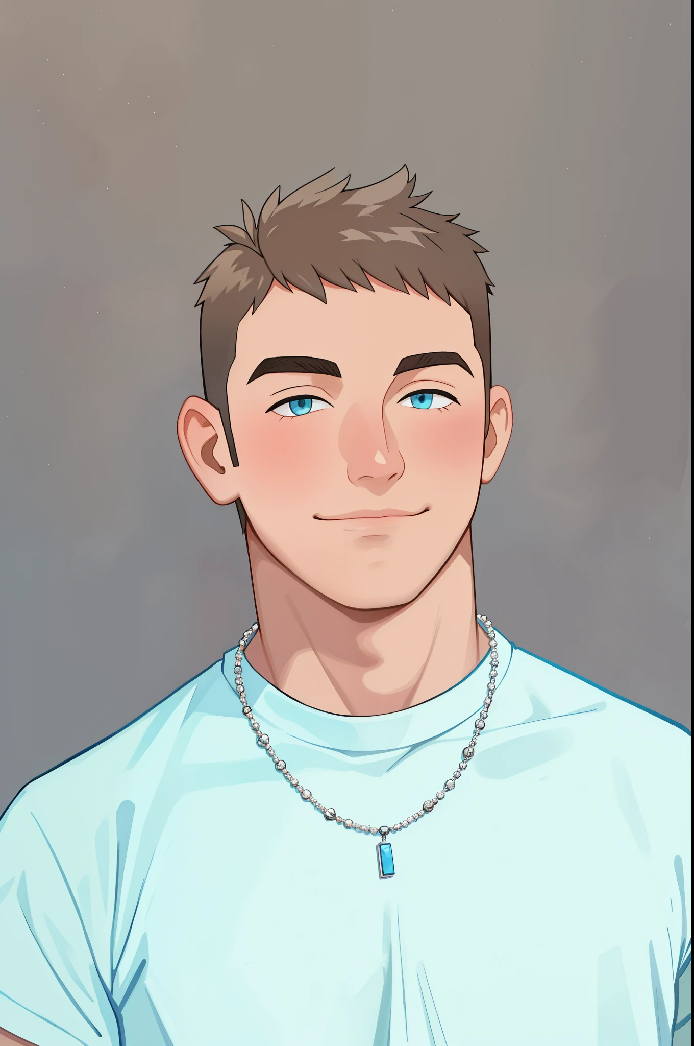 arafed man with a necklace and a necklace on his neck, yearbook photo, dylan kowalski, carson ellis, connor hibbs, adam varga, headshot profile picture, christian cline, taken in the early 2020s, dylan kowalsk, headshot photo, brock hofer, 1 / 4 headshot, matthew stewart, conor walton, sam weber, wearing a light blue t shirt and small smile on his face,wearing a silver necklace