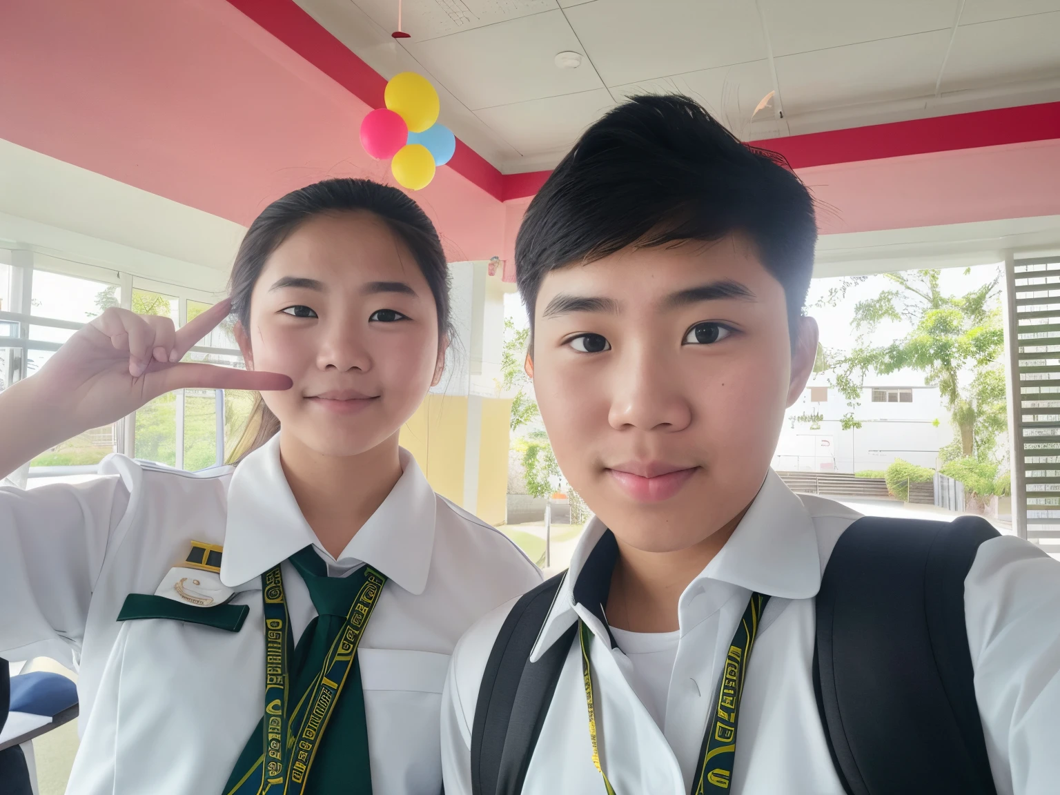 they are posing for a picture in a school uniform, student, with kind face, wearing school uniform, taken with the best dlsr camera, dot pupils, selfie shot straight on angle, selfie photo, high school, 8k selfie photograph, photo taken in 2 0 2 0, a picture, during sunrise, dang my linh, with accurate face, during dawn