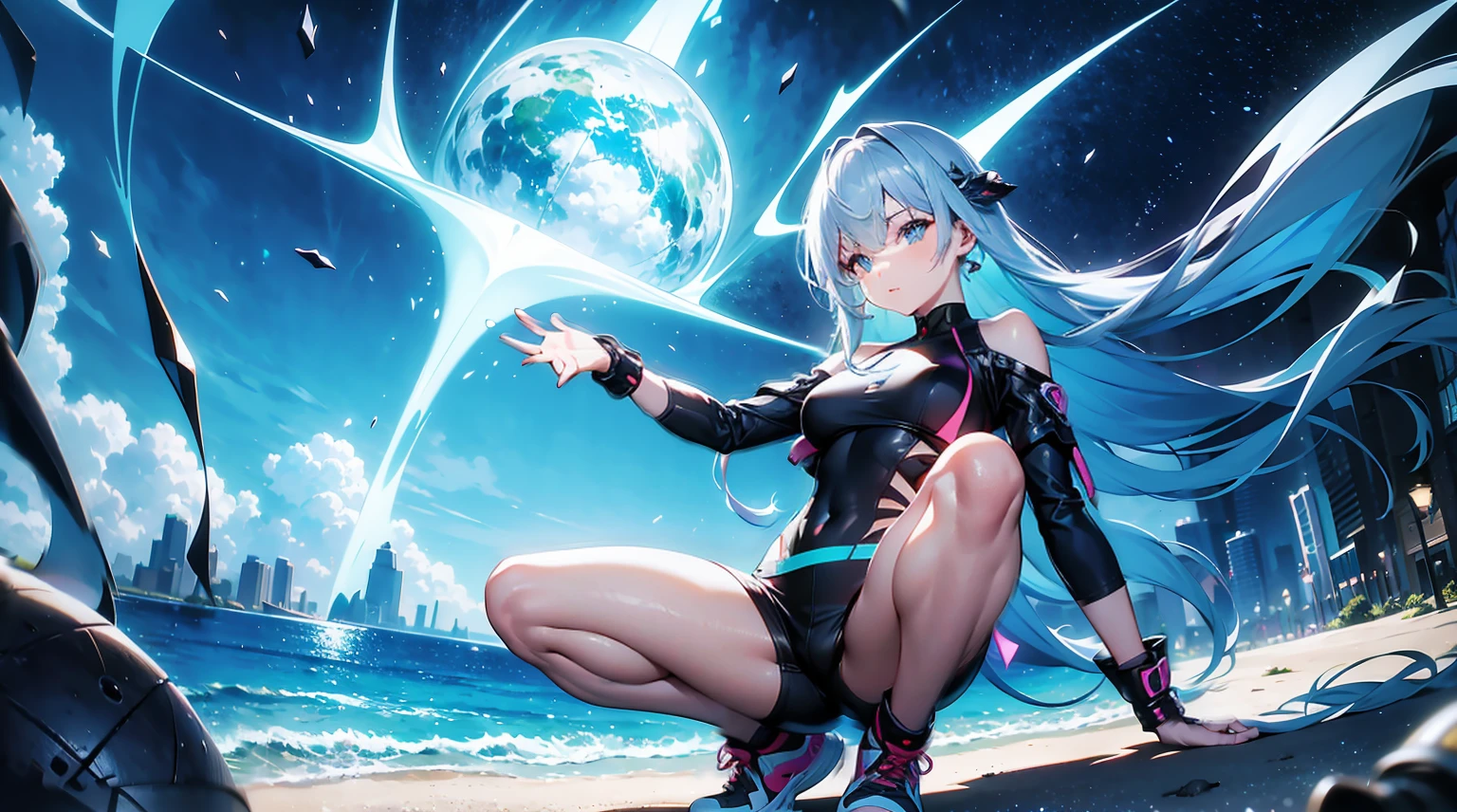 A stunning futuristic photograph Showing The Full Body of a beautiful Caucasian lady with dark, flowing multicolored hair, dressed in a futuristic fashion summer top and tight summer shorts, donning stylish sunglasses and fashion couture sneakers. She Is Posing On The Beach, The scene is set in an intricate cosmic futurism environment, filled with whimsical surroundings and ethereal liquid light particles that rain vivid light everywhere. The artwork is executed in an amazing a Hyper-Realism, capturing every intricate detail flawlessly. The image quality is at its best, with UHD, HDR, DOF effects, and shot with a DSLR camera capable of 8K resolution. The artist also used the Fujifilm X3 vogue style techniques to create this mesmerizing masterpiece.