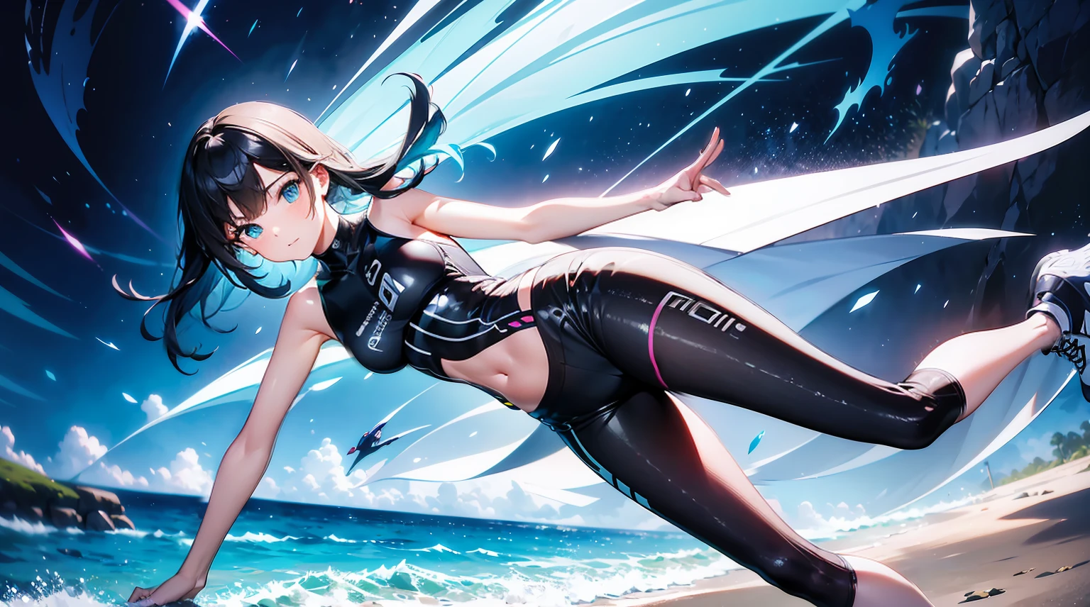 A stunning futuristic photograph Showing The Full Body of a beautiful Caucasian lady with dark, flowing multicolored hair, dressed in a futuristic fashion summer top and tight summer shorts, donning stylish sunglasses and fashion couture sneakers. She Is Posing On The Beach, The scene is set in an intricate cosmic futurism environment, filled with whimsical surroundings and ethereal liquid light particles that rain vivid light everywhere. The artwork is executed in an amazing a Hyper-Realism, capturing every intricate detail flawlessly. The image quality is at its best, with UHD, HDR, DOF effects, and shot with a DSLR camera capable of 8K resolution. The artist also used the Fujifilm X3 vogue style techniques to create this mesmerizing masterpiece.