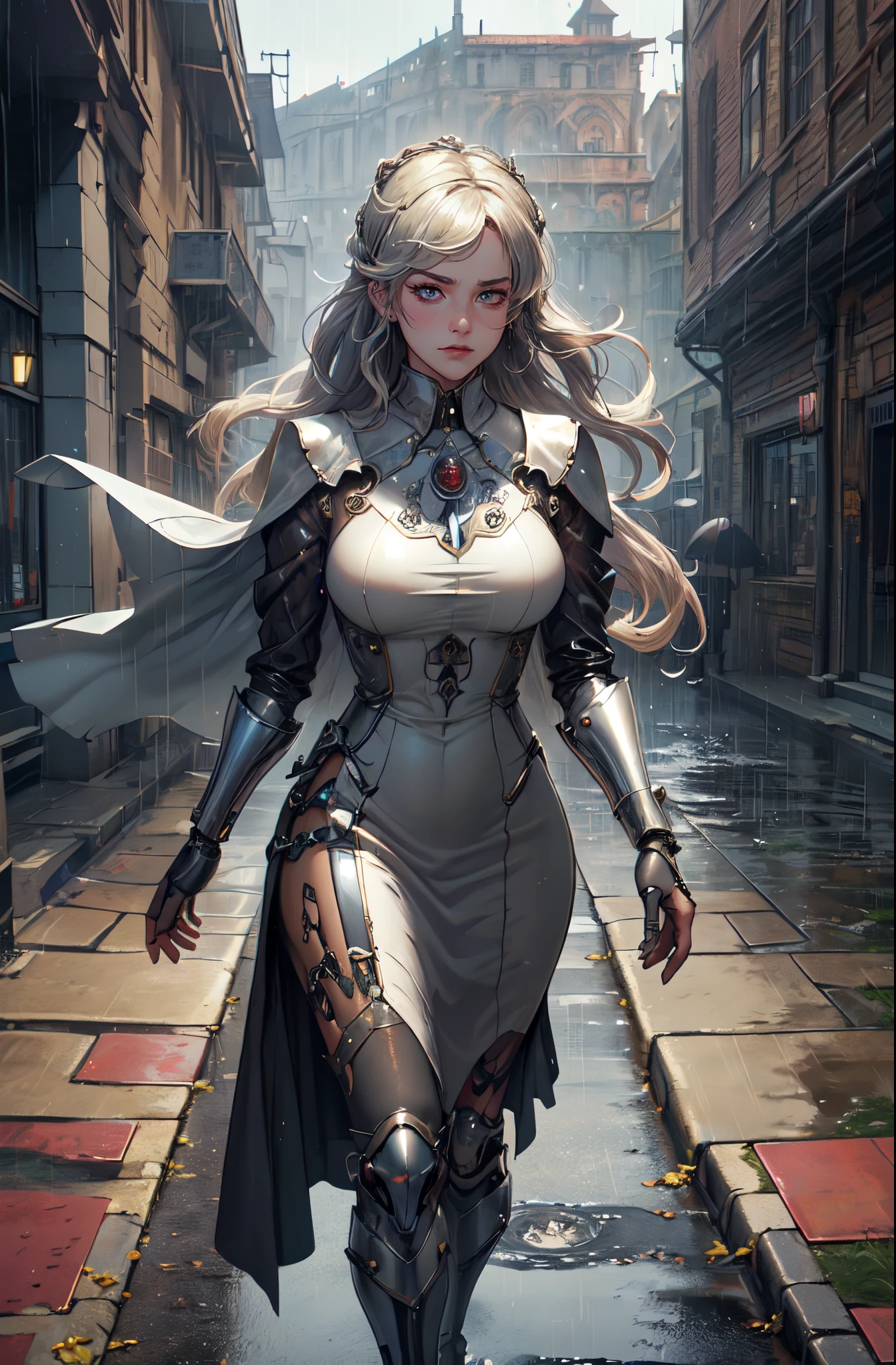 ((masterpiece)),(best quality), ((aristocrats 1girl android)), realmech, ((cinematic)), ambient occlusion, Nvidia ray tracing, dynamic:1.2, (absolutely eye-catching), (mechanical parts:1.3), rain:1.3, dynamic pose:1.7, makeup, (medieval:1.7), (elegant medieval dress), beautiful eyes, shadows, (rain:1.2), (dynamic shot:1.2), dark, high contrast, beautiful face, wind:1.1, particles:1.2, thriller:1.3, night:1.2, (stern look:1.4)