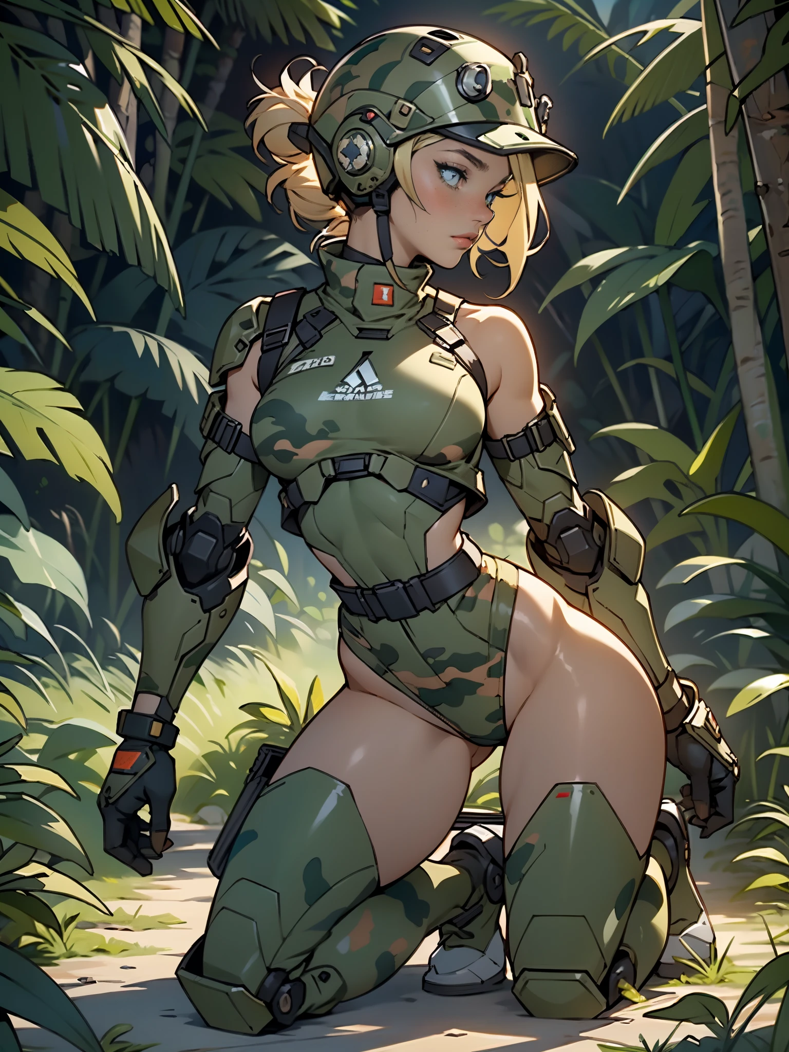 1woman 20 years old, max resolution, sculpted, military, wearing a soldier helmet, beautiful, perfect body, blonde hair, blue eyes, perfect body, thin waist, wide hips, large breasts, slim thighs, jungle background, armored vehicle, military robot dog, camouflaged uniform, tight panties, two-piece, highly detailed, high resolution, perfect hands, side view, camo, face fully turned to the side to look at the viewer, turn her head to look at the viewer, genuflection kneeling, one knee on ground, one knee up, bare shoulders