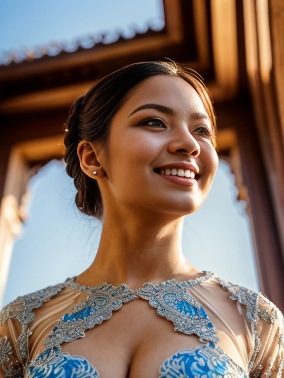 (A woman:1.5), (wearing long sleeve transparent kebaya with detailed ornate filigree, batik sarong), (elegant pose:1.4) in the morning in the traditional javanese palace, beautiful detailed eyes, grey blue eyes, beautiful face, seductive smiles, braid hair, plumpy postures, droopy large breast, (low angle view:1.3, seen from below, extreme close up:1.2), breast focus, sunlight streaming through the building, cheerful ambient, colorful atmosphere, vibrant colors, natural beauty, youthful energy