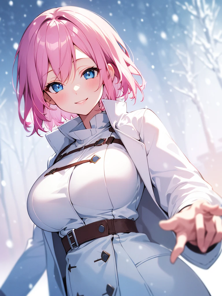 masterpiece, best quality, short hair, pink hair, blue eyes, smile, close-up, depth of field, large breasts, white shirt, coat, outdoors, snowing,