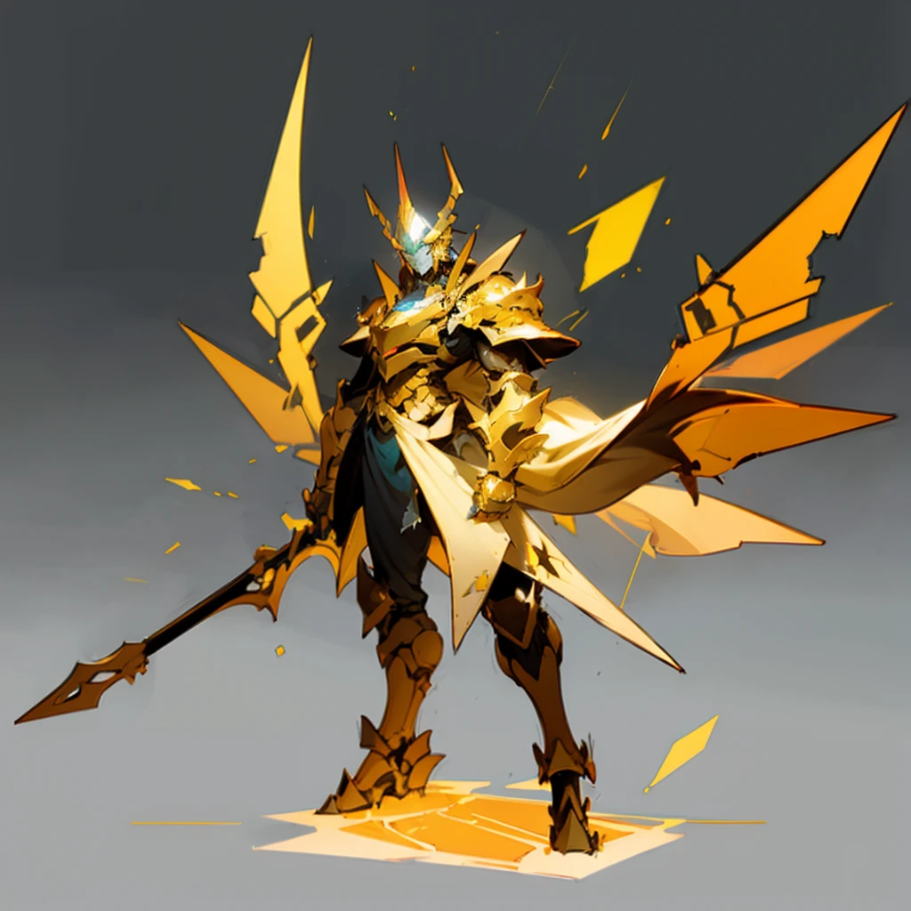 The fusion of Japanese pop art and cybernetic aesthetics is reflected in 8k resolution illustrations。The main focus is a male dragon，full body armored，Glowing light，Dark gold and light gradient，Respond to the audience&#39;s point of view。His eyes exude a soft light，So are his teeth and the fragments of armor that make up his pauldrons..。as he stood in the ruins，A large elegant cloak billows behind him，avoid any human presence。His helmet，when visible，Carefully crafted intricate details，It fully illustrates his status as a mechanical overlord..。