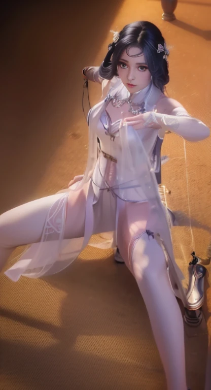 There is a woman in white clothes tied to a pillar, Fair, The skin is smooth and translucent, pale milky white porcelain skin, Fair and translucent skin, Anime girl squats, Fair and shiny skin, The shooting details of the goddess are very good, Pale porcelain white skin, 2b, 2b, Popular topics on cgstation, atranslucentbody, white hanfu, Movie goddess full body photo