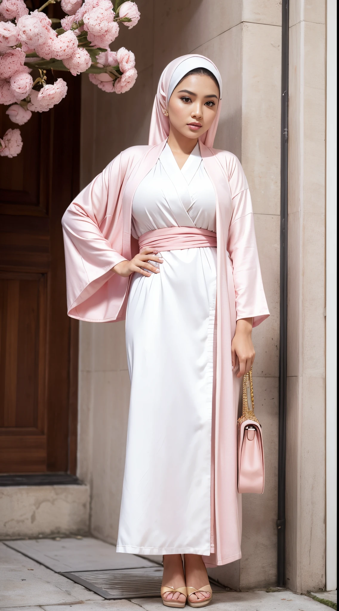 RAW, Best quality, high resolution, masterpiece: 1.3), beautiful Malay woman on hijab (iu:0.8), beautifull woman in white dress and pink cardigan standing on street, (big breast),white and light-pink outfit, white hijab, white and pink, dressed with long fluent clothes, pale pink and gold kimono, wearing beautiful clothes, african ameera al taweel, wearing an elegant outfit, long beautiful flowing kimono, feminine in cute pastel shades, long flowing white robe, pastel pink