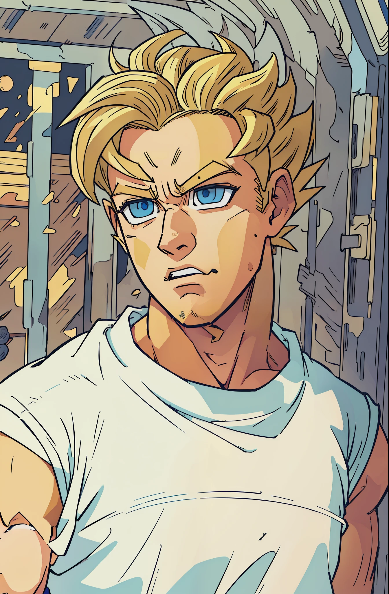 there is a man that is standing by a fence with a cell phone,HD, ((super saiyan)),(drawing, manga, ((masterpiece)) 4k, ((manga-style)) drawing style, character concept, super saiyan shape, ((blonde hair:1.3)), blue eyes, Son Goku, (spiked up hair),