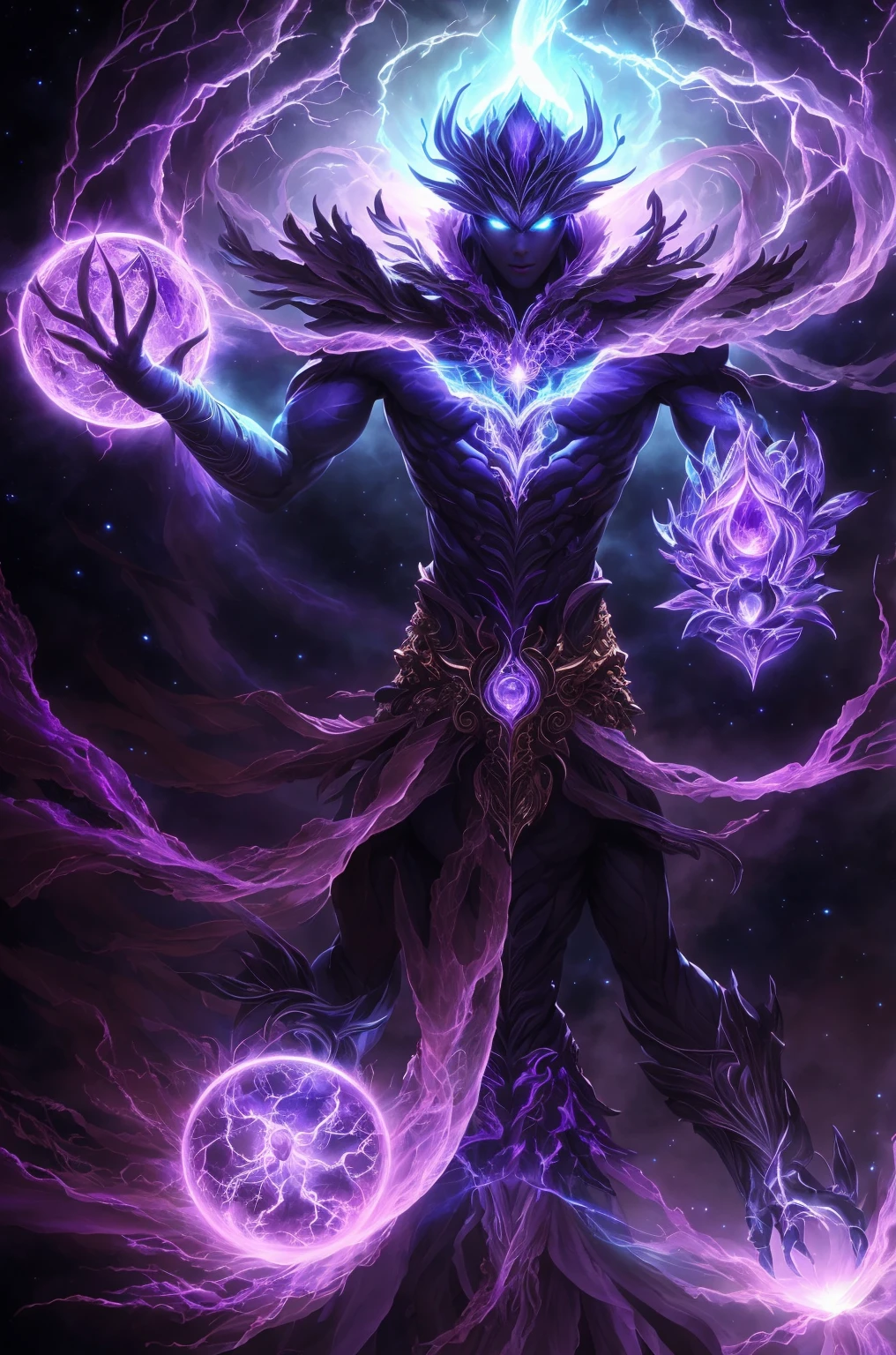 "Create something super detailed, Best Quality, A high-resolution masterpiece depicting an umbral elemental with a divine form that exudes purple and black energy" perfect shadow, High-quality shading, Photorealistic,