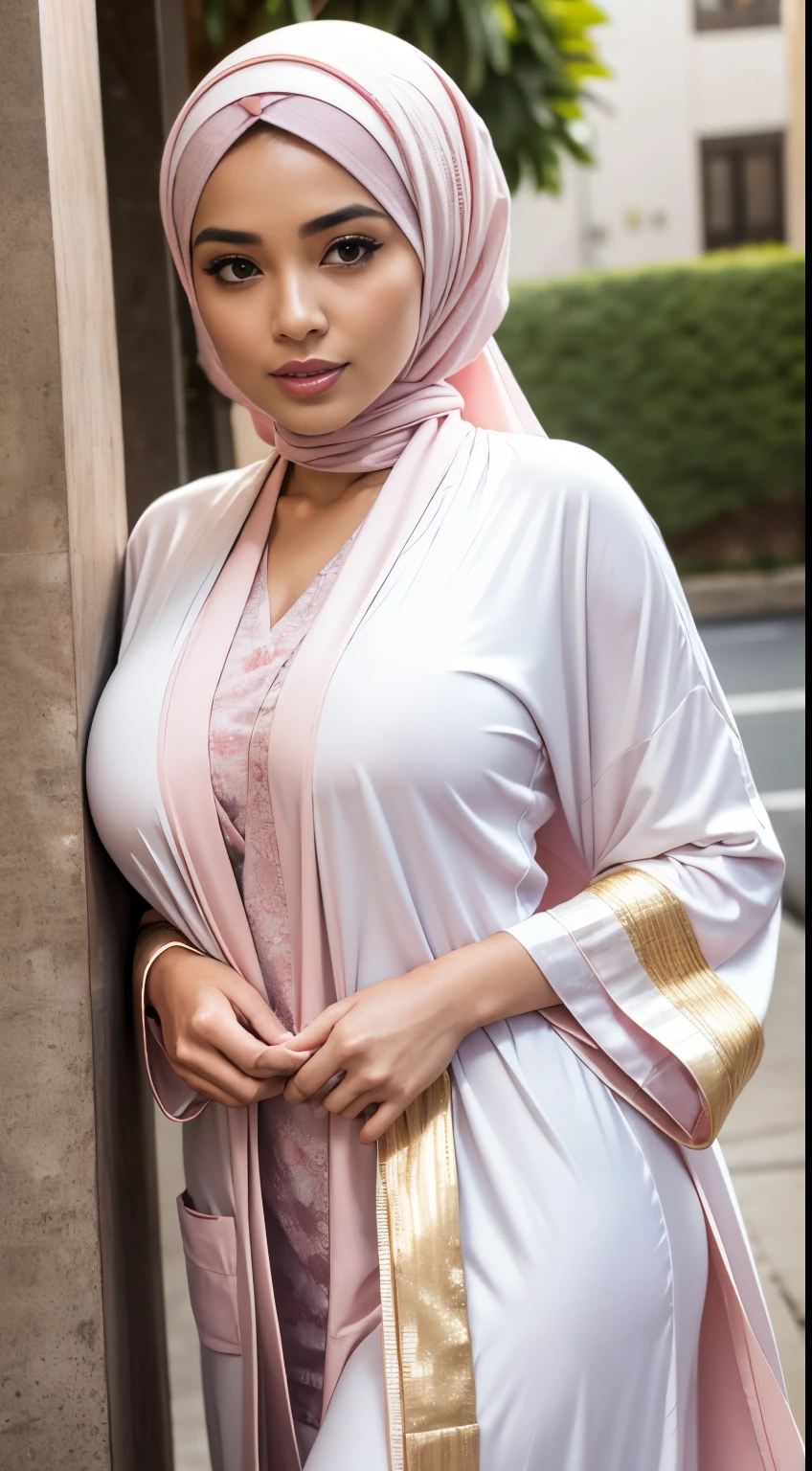 RAW, Best quality, high resolution, masterpiece: 1.3), beautiful Malay woman on hijab (iu:0.8),((big breast)), perfect nose,perfect lips, perfect eyes,( detail :1.2) , woman in white dress and pink cardigan standing on street, white and light-pink outfit, white hijab, white and pink, dressed with long fluent clothes, pale pink and gold kimono, wearing beautiful clothes, african ameera al taweel, wearing an elegant outfit, long beautiful flowing kimono, feminine in cute pastel shades, long flowing white robe, pastel pink