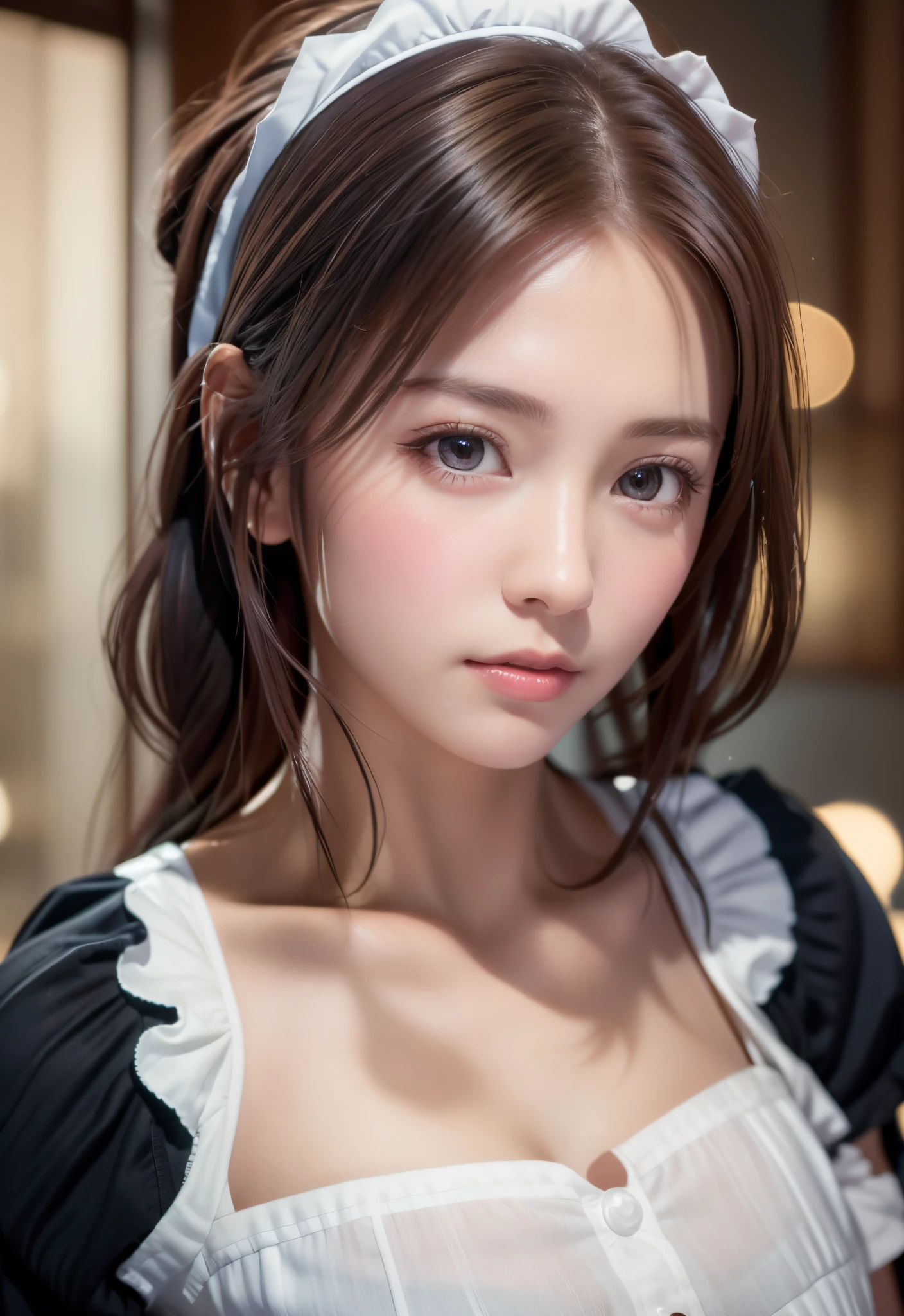 8K, of the highest quality, masutepiece:1.2), (Realistic, Photorealsitic:1.37), of the highest quality, masutepiece, Beautiful young woman, Pensive expression,、A charming、and an inviting look, Cute Maid Clothes, Hair tied back, Cinematic background, Light skin tone