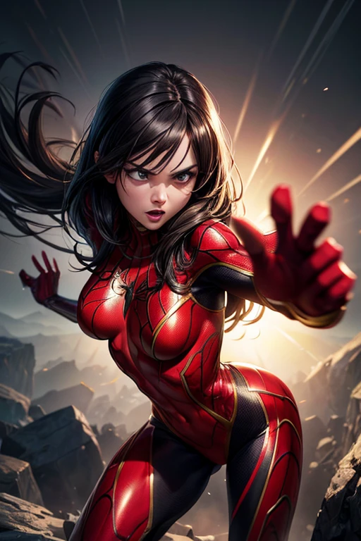 girl, comic accurate Jessica Drew Spider Woman costume, combat stance, highly detailed, vibrant appearance, creative behavior, extremly detailed, imaginative, sensual, spontaneous, small breasts, sexi, revealing, highest quality, skin texture, intricate details, (cinematic lighting), RAW photo, 8k, masterpiece,best quality,ultra-detailed,very detailed illustrations,extremely detailed,intricate details,highres,super complex details,extremely detailed 8k cg wallpaper,