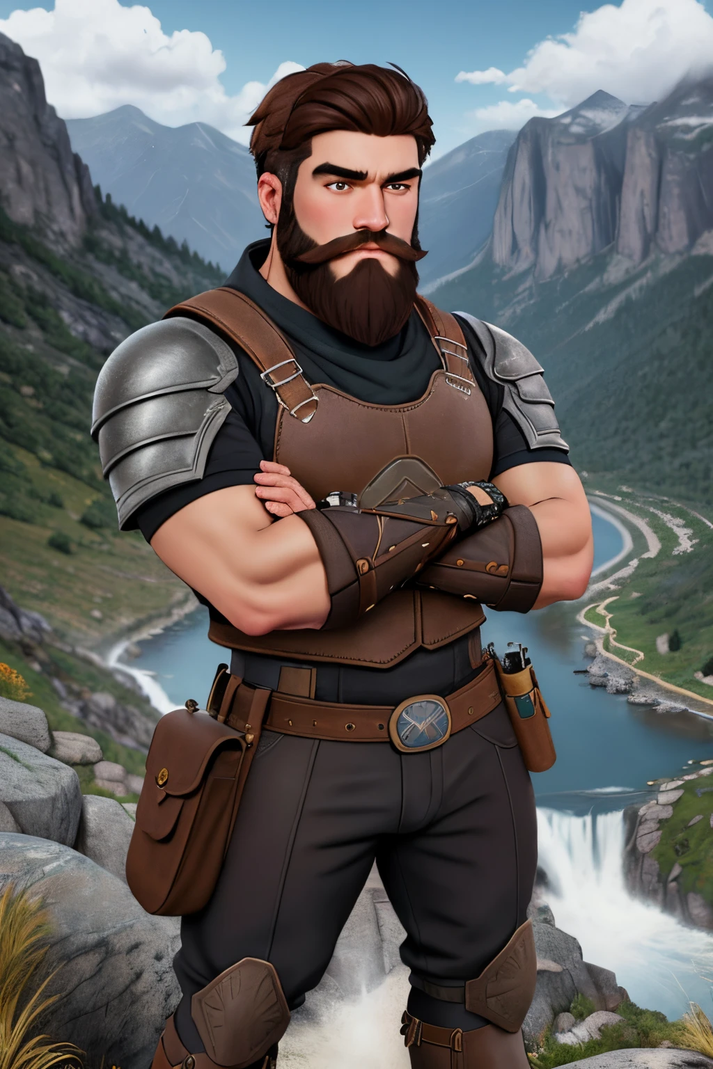 close up 1man in, bearded, Solo, brown hair, messy brown hair, short hair, dark eyes, taned skin, heavy set, big boned, strong, thick body, manicured beard, grey strip in beard, detailed skin, neutral face, (wearing Hunter armor, leather pants, van braces, big boots, fingerless gloves: 1.1), (crossing arms: 1.22), (detailed mountainous background:1.1), valley, overlooking waterfall, 4k textures, soft light, elegant, highly detailed, sharp focus, soothing tones, insane details, intricate details, hyperdetailed, low contrast, exposure blend, hdr, faded
