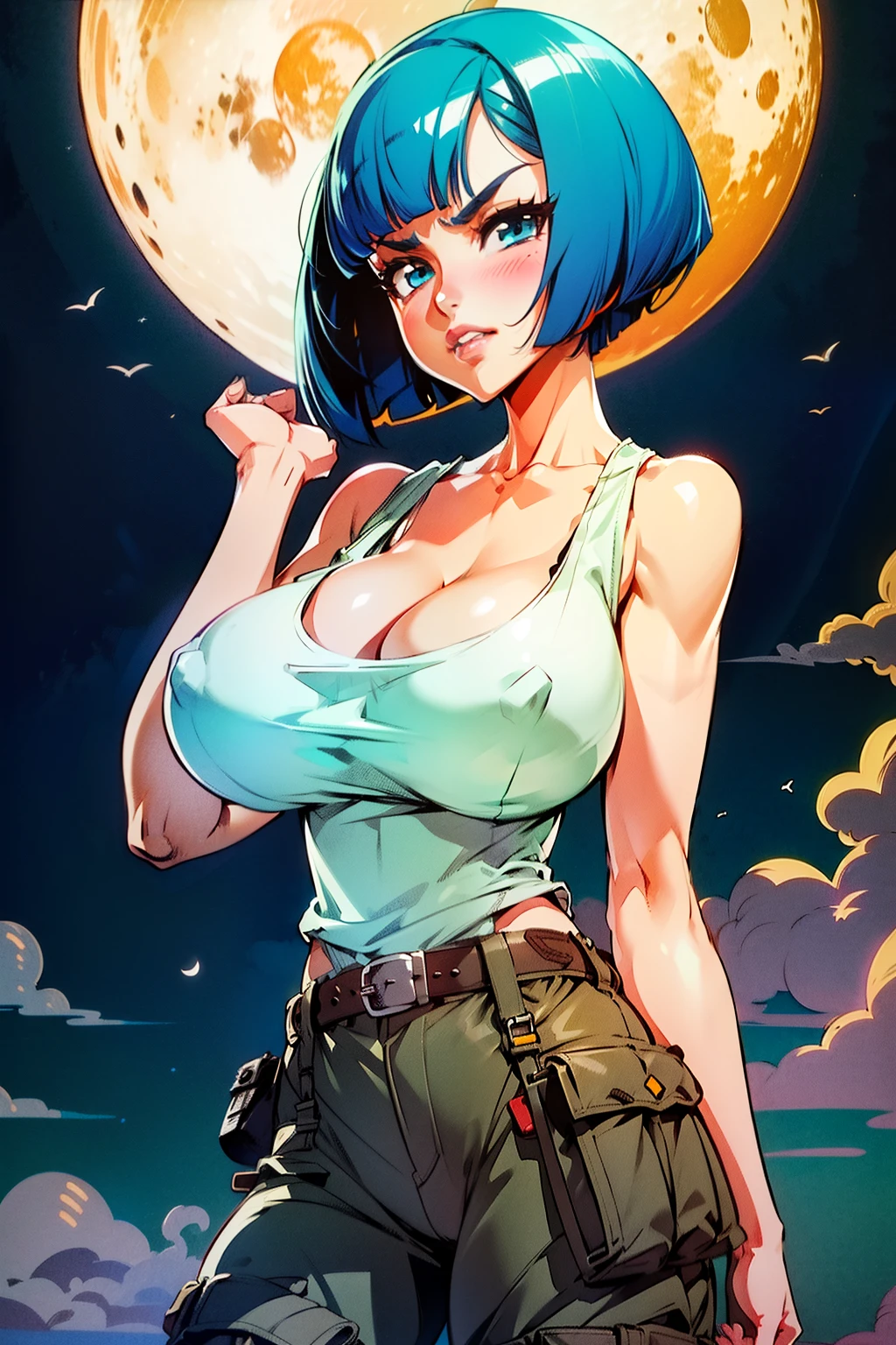 Waifu, masterpiece, curvy, breasts, moon, full moon, gloves, 1girl, clenched teeth, bulma, cleavage, large breasts, teeth, aqua hair, ((white tank top:1.5)), blue eyes, rating:explicit,rule34, hardcore, tits,clenched hands, night, sky, ((brown cargo pants:1.4)), ((blunt bobcut:1.5)), bare shoulders, blue hair, clenched hand, rating:questionable, short hair, belt, solo, angry, lip biting(gigantic and massive tits:1.1), breasts, official illustration, illustration, detailed face, beautiful intricate eyes, curvy milf, 1:2), titsnipples